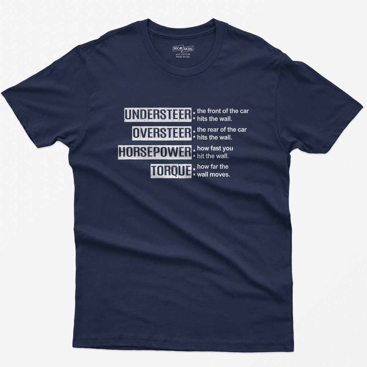 Navy t-shirt with Understeer, Oversteer, Horsepower and Torque in distressed label boxes with funny wall definitions