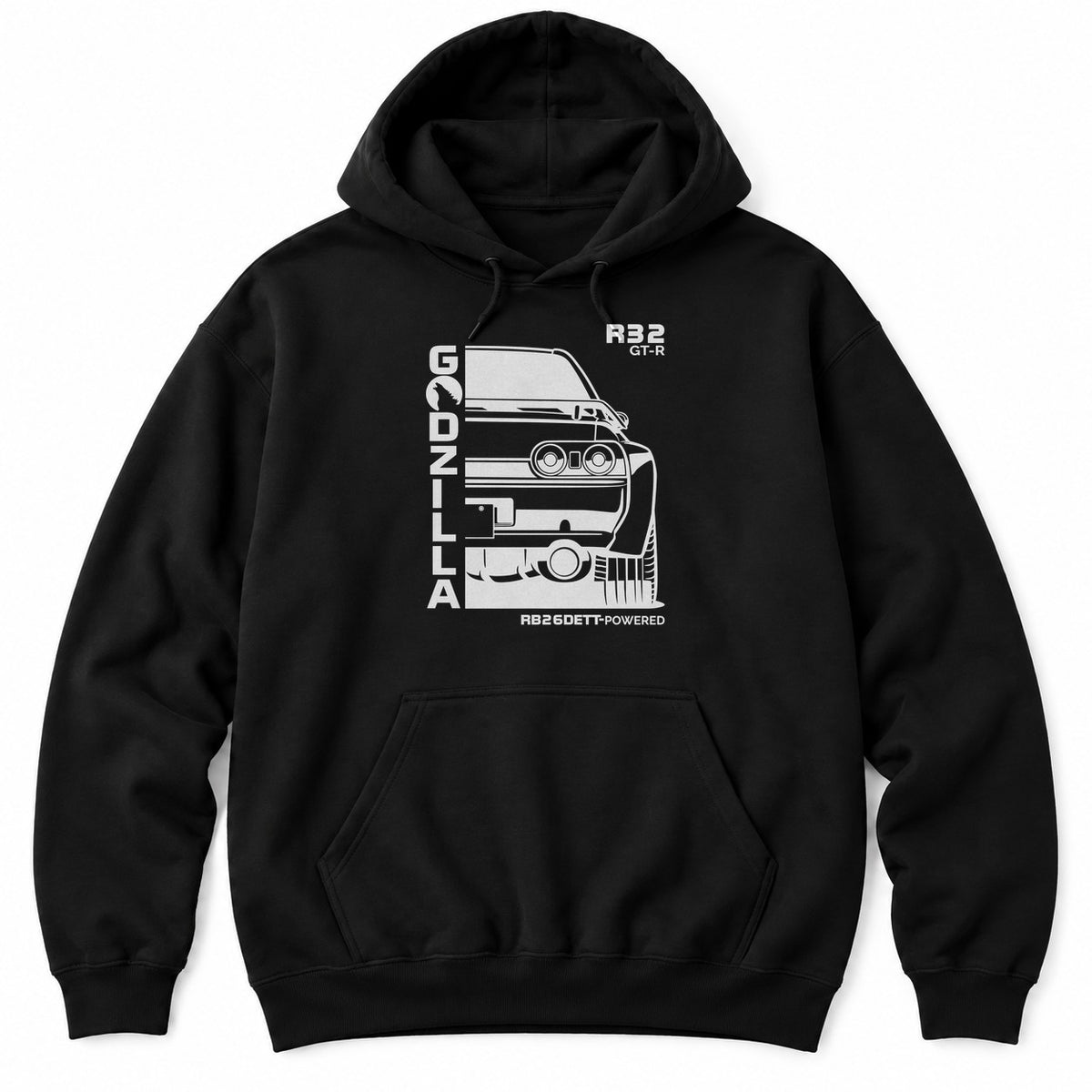 Black hoodie with a white rear-view line drawing of an early-90s AWD JDM coupe with twin round tail lights and tall lettering