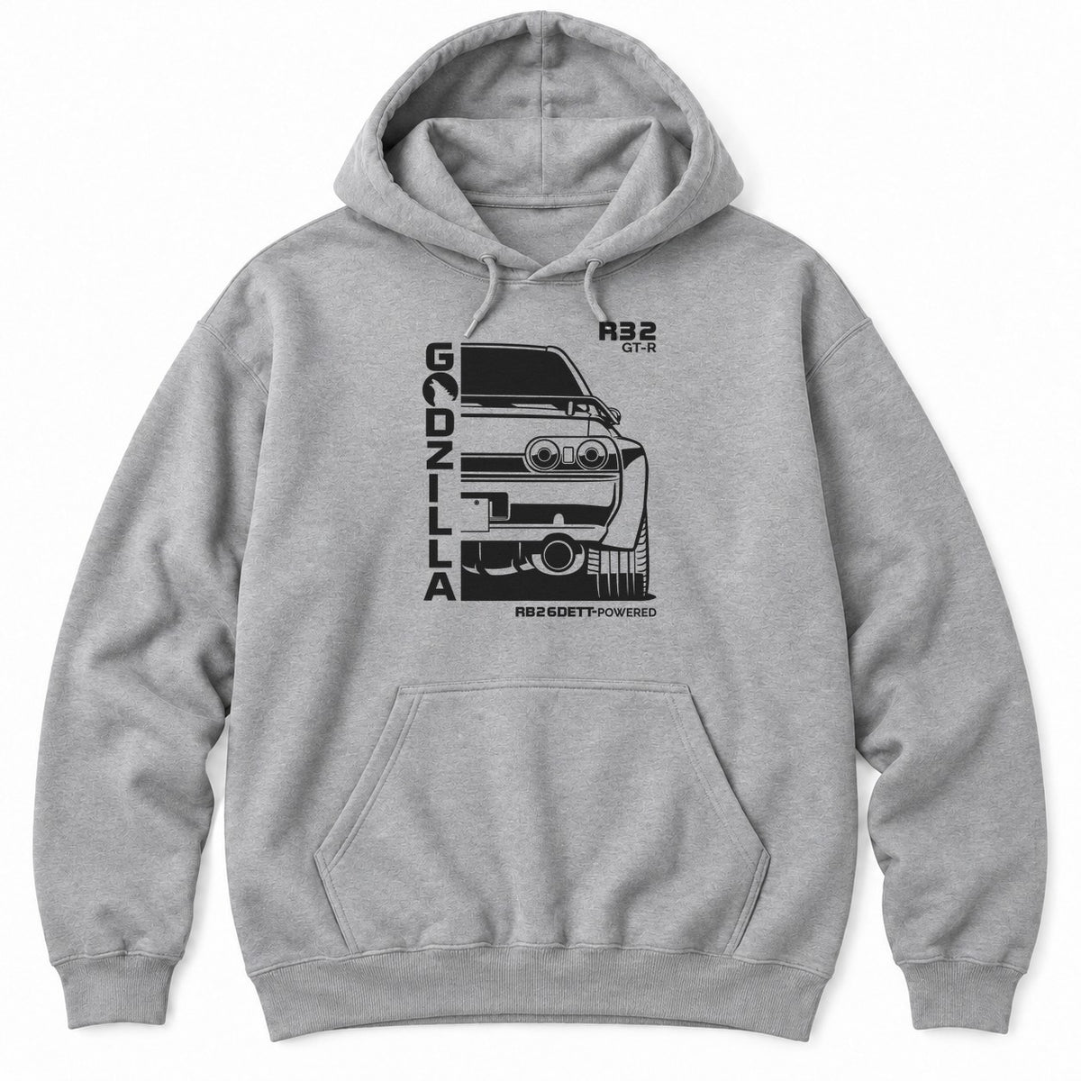 Athletic Heather hoodie with a white rear-view line drawing of an early-90s AWD JDM coupe with twin round tail lights and tall lettering