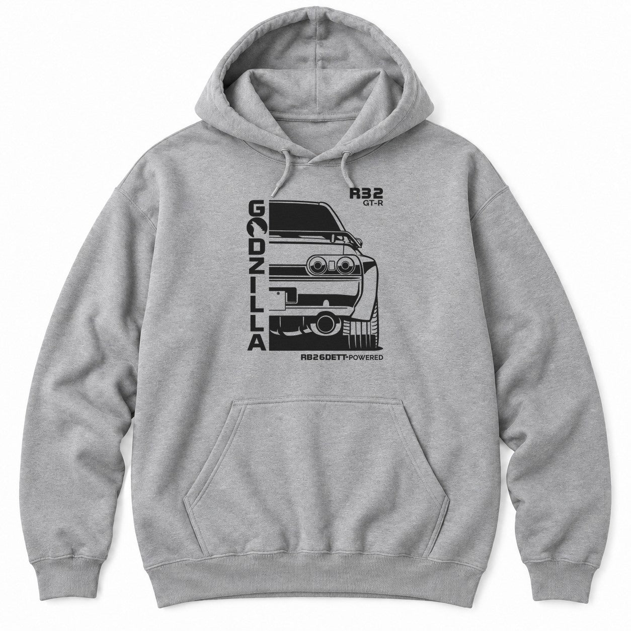 Athletic Heather hoodie with a white rear-view line drawing of an early-90s AWD JDM coupe with twin round tail lights and tall lettering