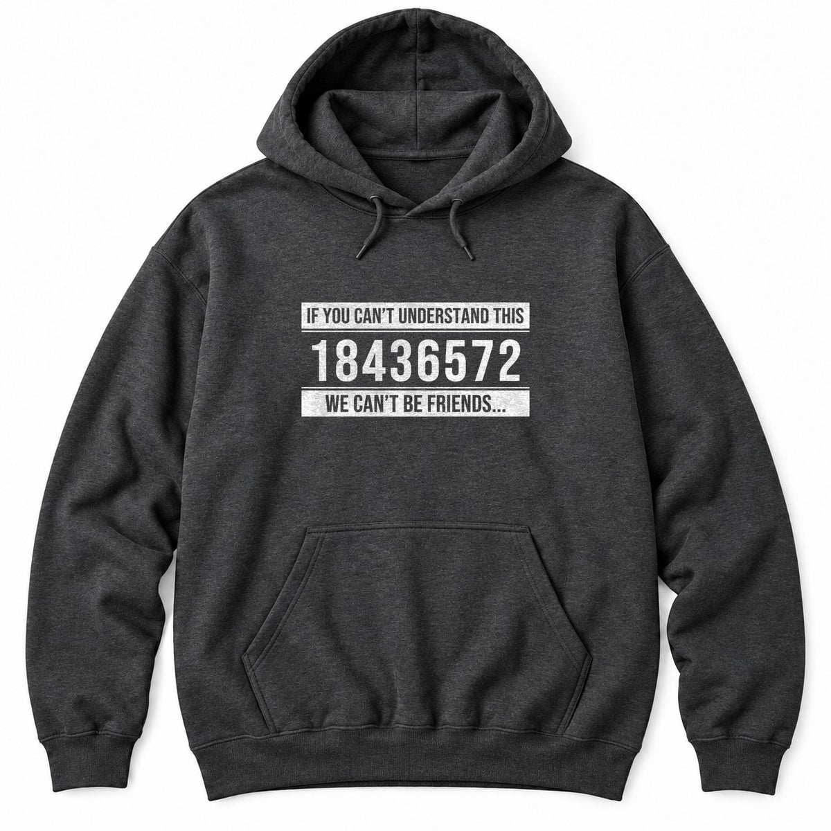 Dark Heather hoodie with IF YOU CAN'T UNDERSTAND THIS 18436572 WE CAN'T BE FRIENDS in white distressed text
