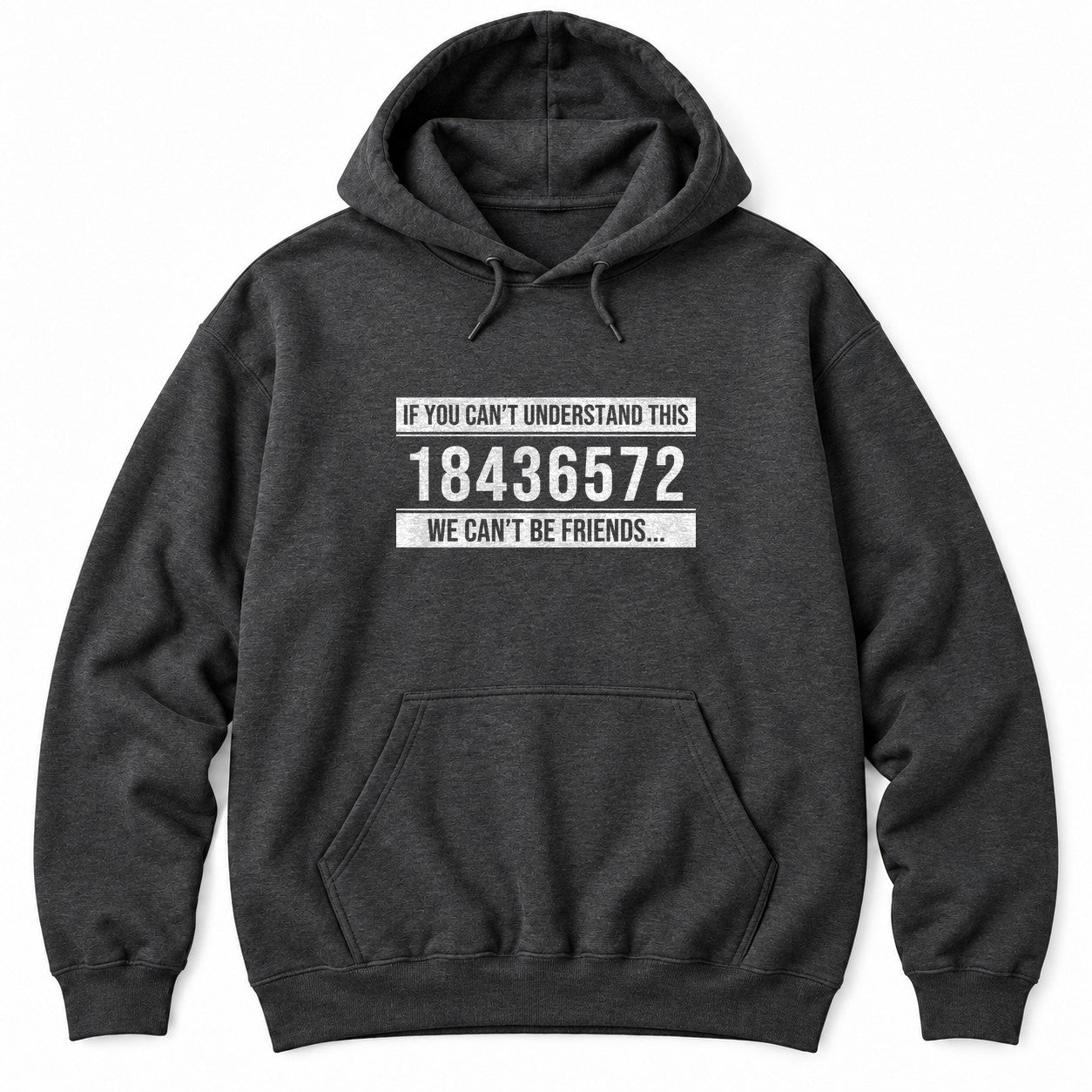 Dark Heather hoodie with IF YOU CAN'T UNDERSTAND THIS 18436572 WE CAN'T BE FRIENDS in white distressed text