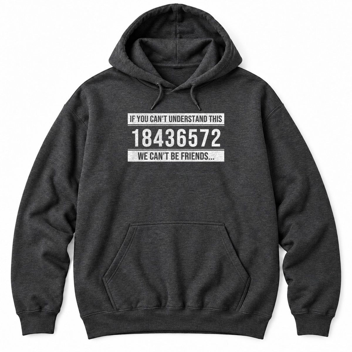 Dark Heather hoodie with IF YOU CAN'T UNDERSTAND THIS 18436572 WE CAN'T BE FRIENDS in white distressed text