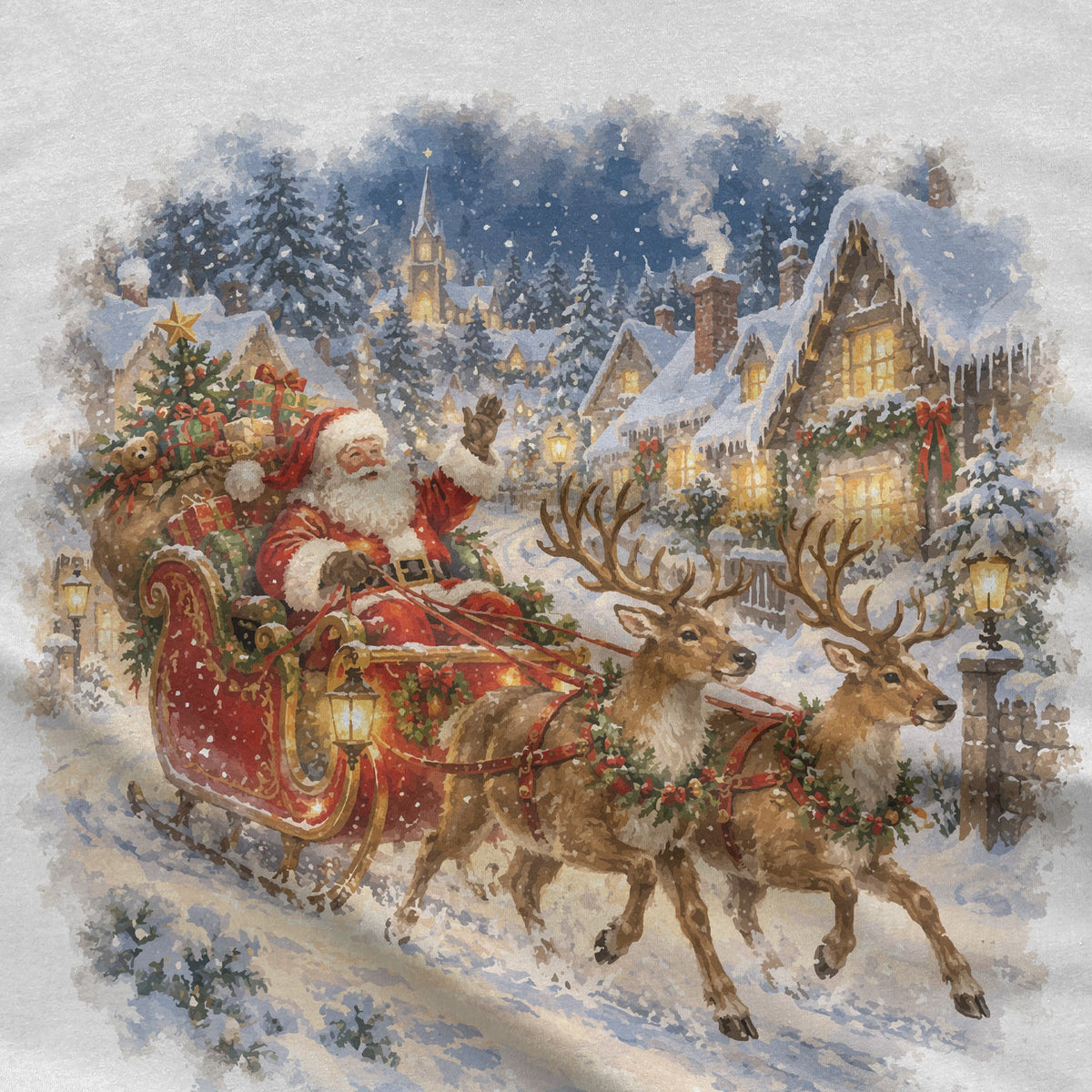 Vintage Santa Sleigh Christmas T-Shirt design close-up