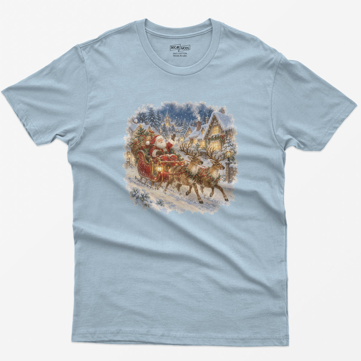 Vintage Santa Sleigh Christmas T-Shirt - Light Blue