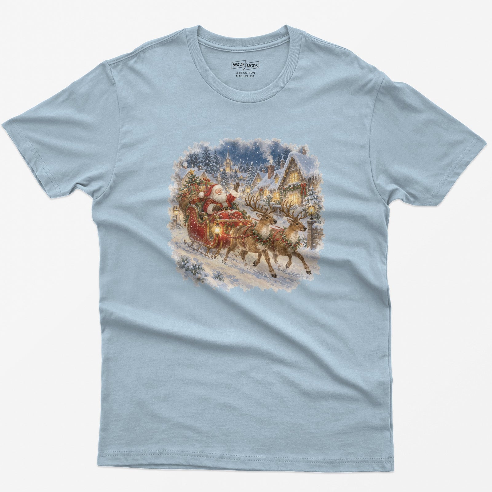 Vintage Santa Sleigh Christmas T-Shirt - Light Blue