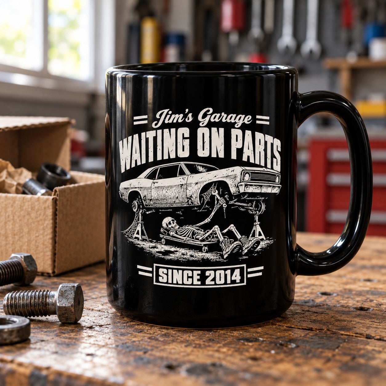 Waiting on Parts Personalized Garage Mug - 15oz black coffee mug on a garage workbench