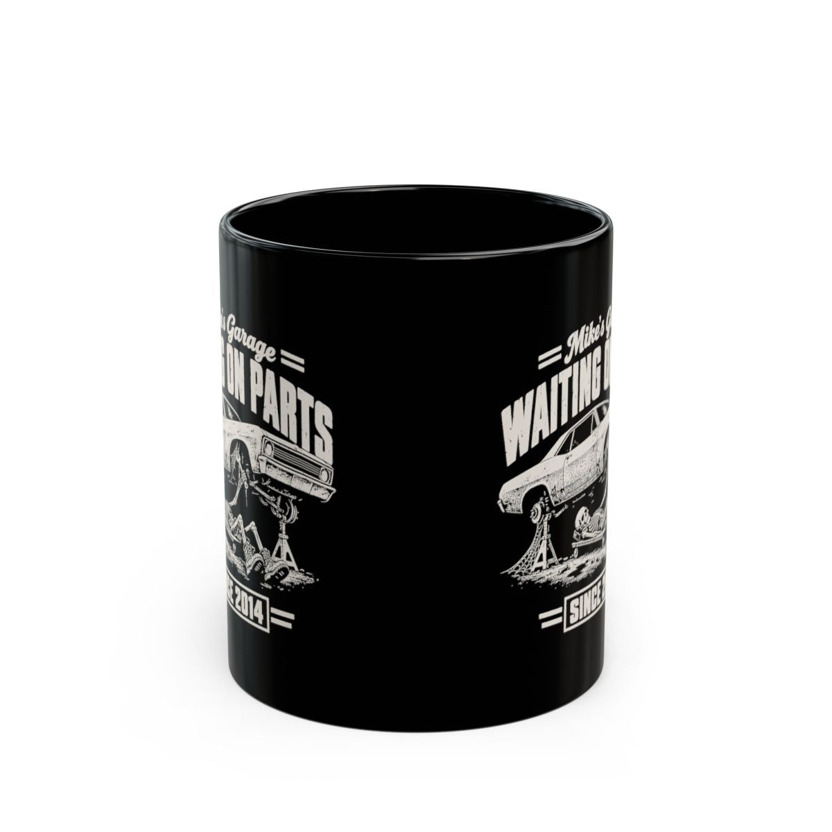 Waiting on Parts Personalized Garage Mug - 11oz black coffee mug, front view