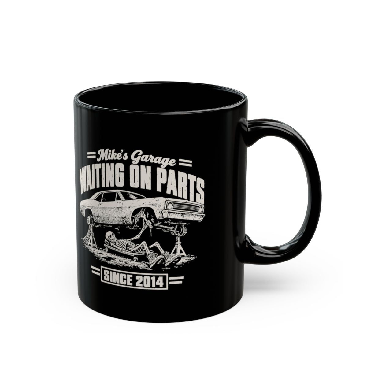 Waiting on Parts Personalized Garage Mug - 11oz black coffee mug, handle on the right