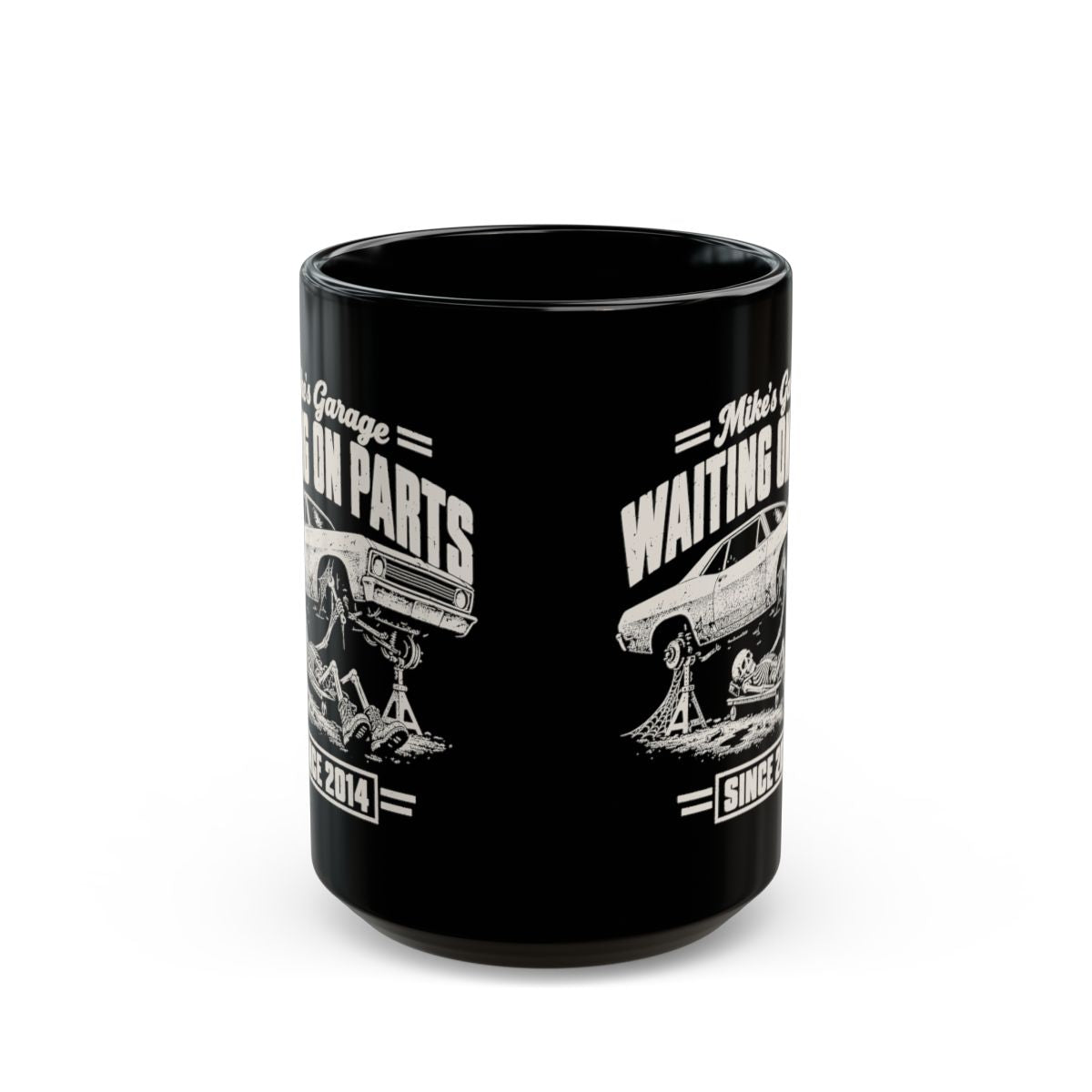 Waiting on Parts Personalized Garage Mug - 15oz black coffee mug, front view
