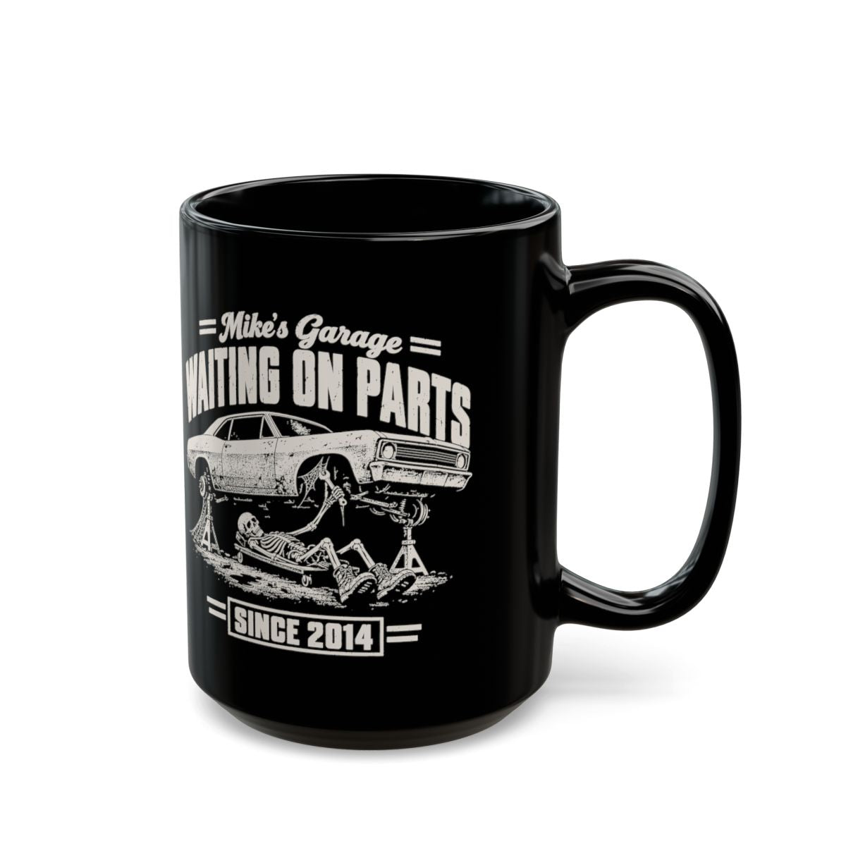 Waiting on Parts Personalized Garage Mug - 15oz black coffee mug, handle on the right