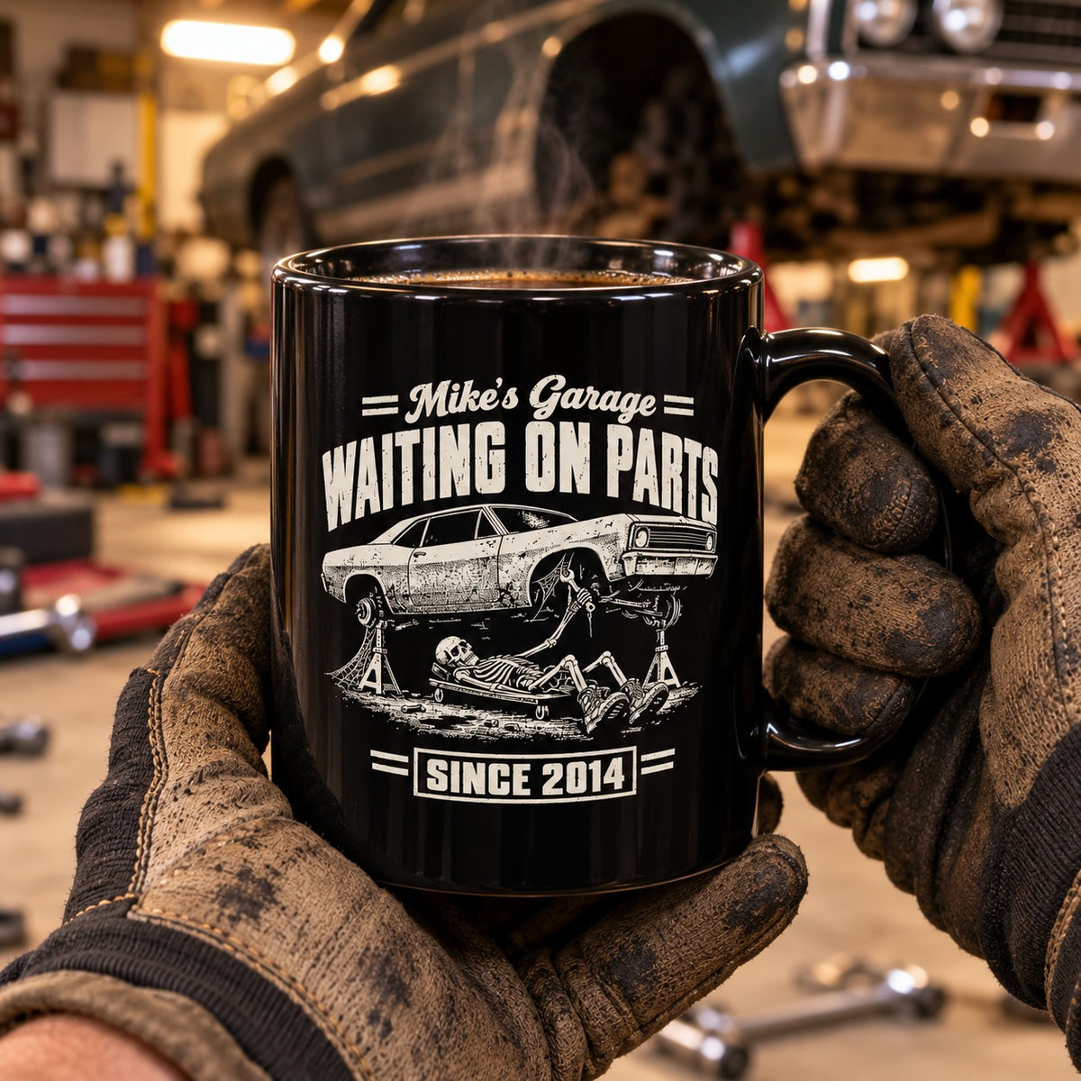 Waiting on Parts Personalized Garage Mug - lifestyle photo