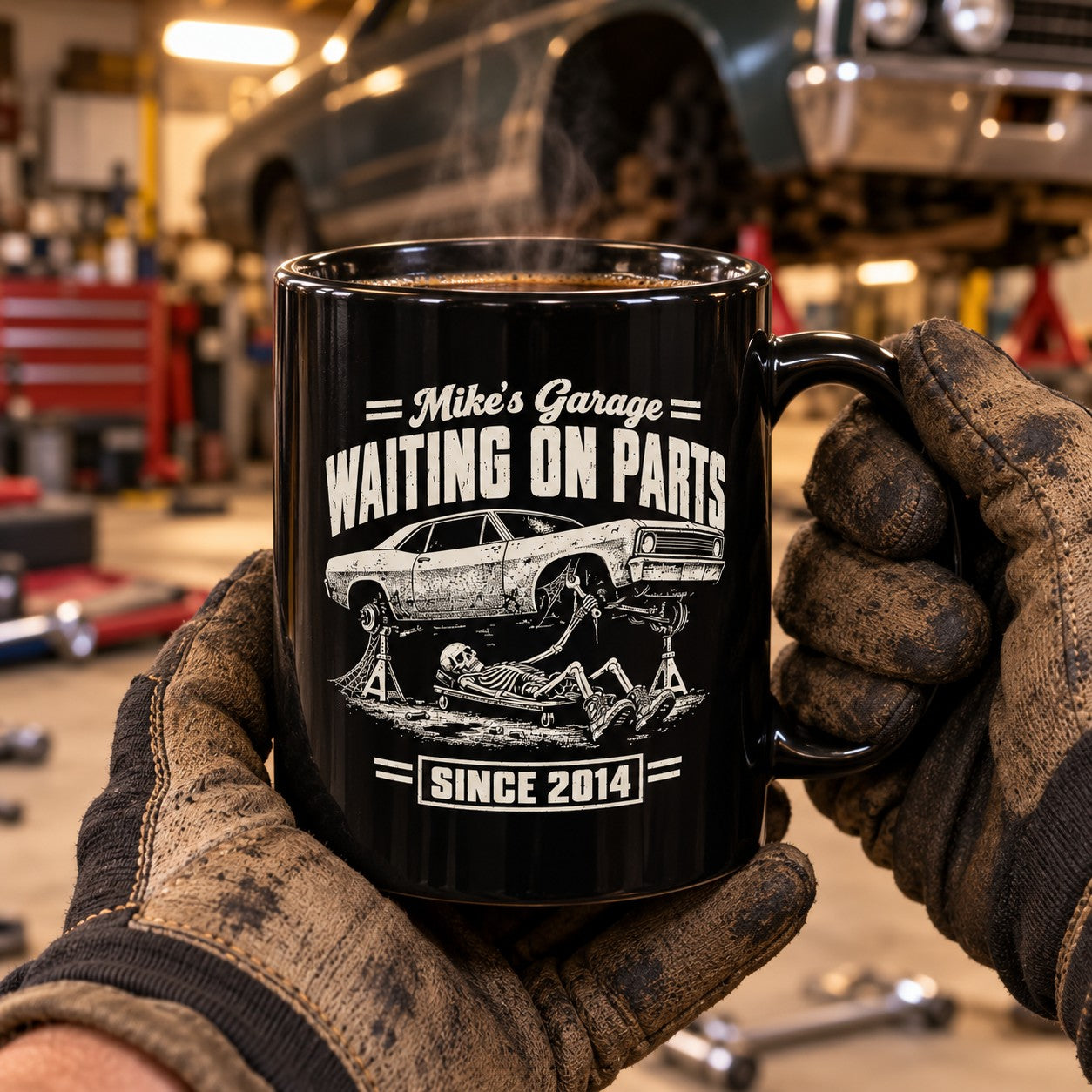 Waiting on Parts Personalized Garage Mug - lifestyle photo