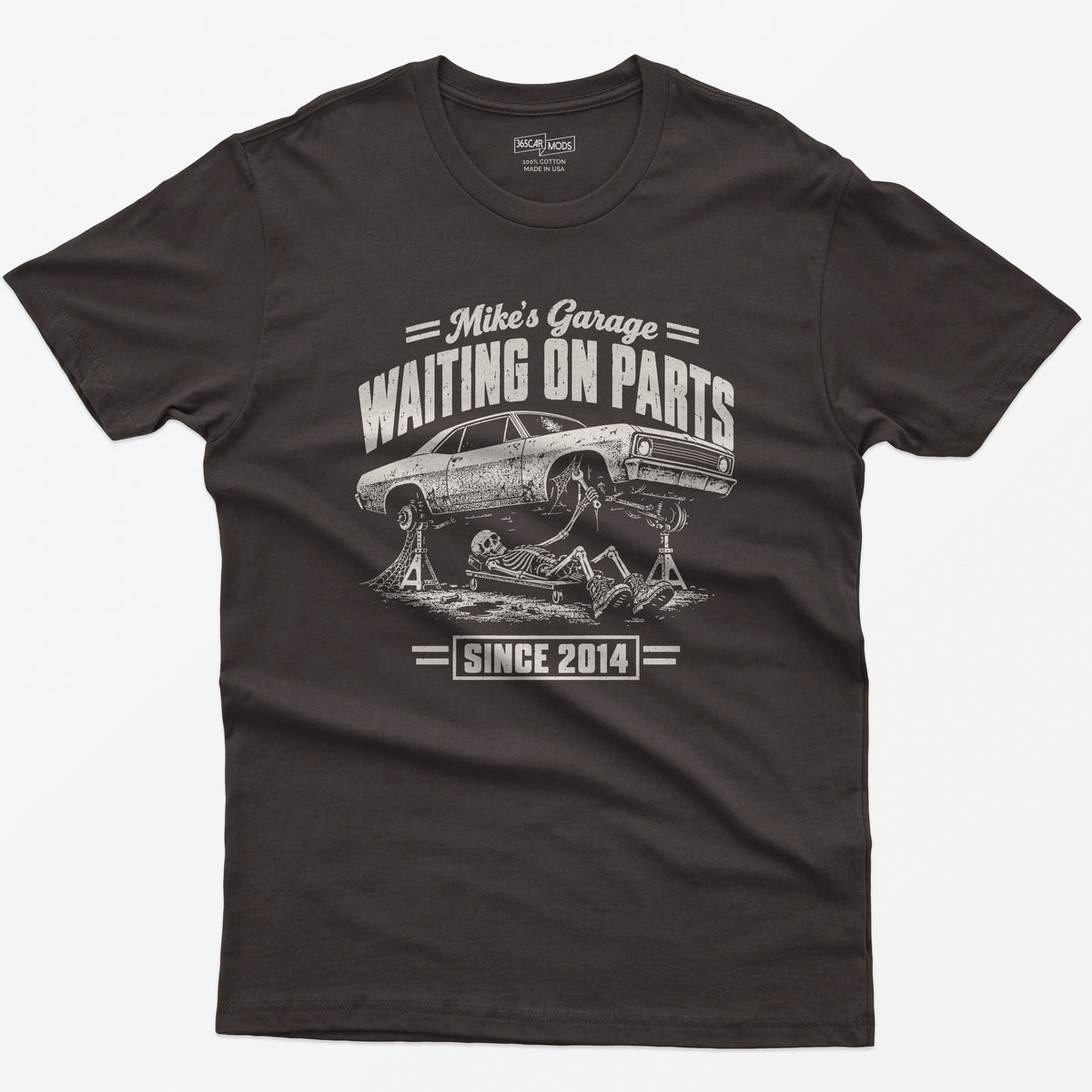 Dark Chocolate t-shirt with the personalized Waiting on Parts garage design