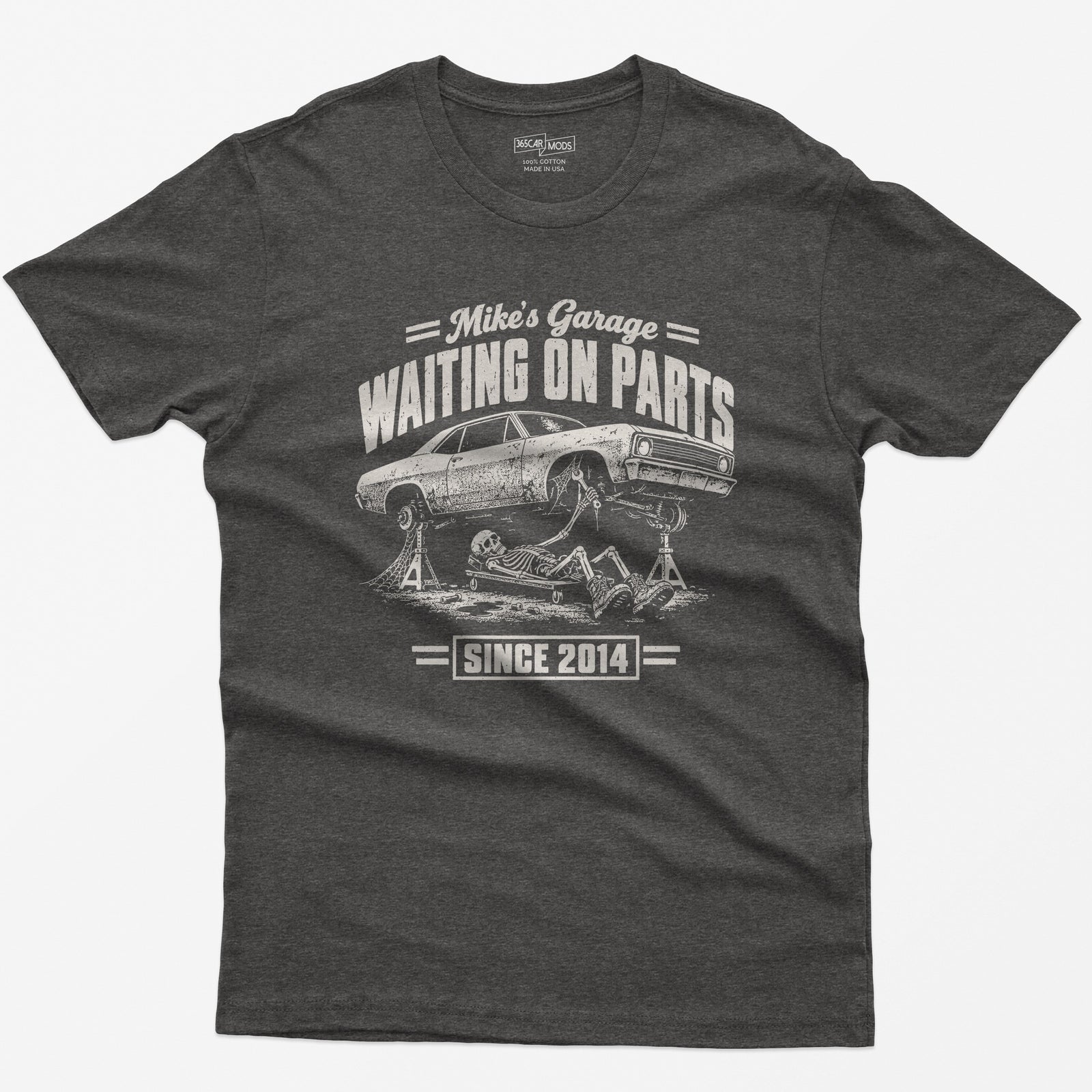 Dark Heather t-shirt with the personalized Waiting on Parts garage design
