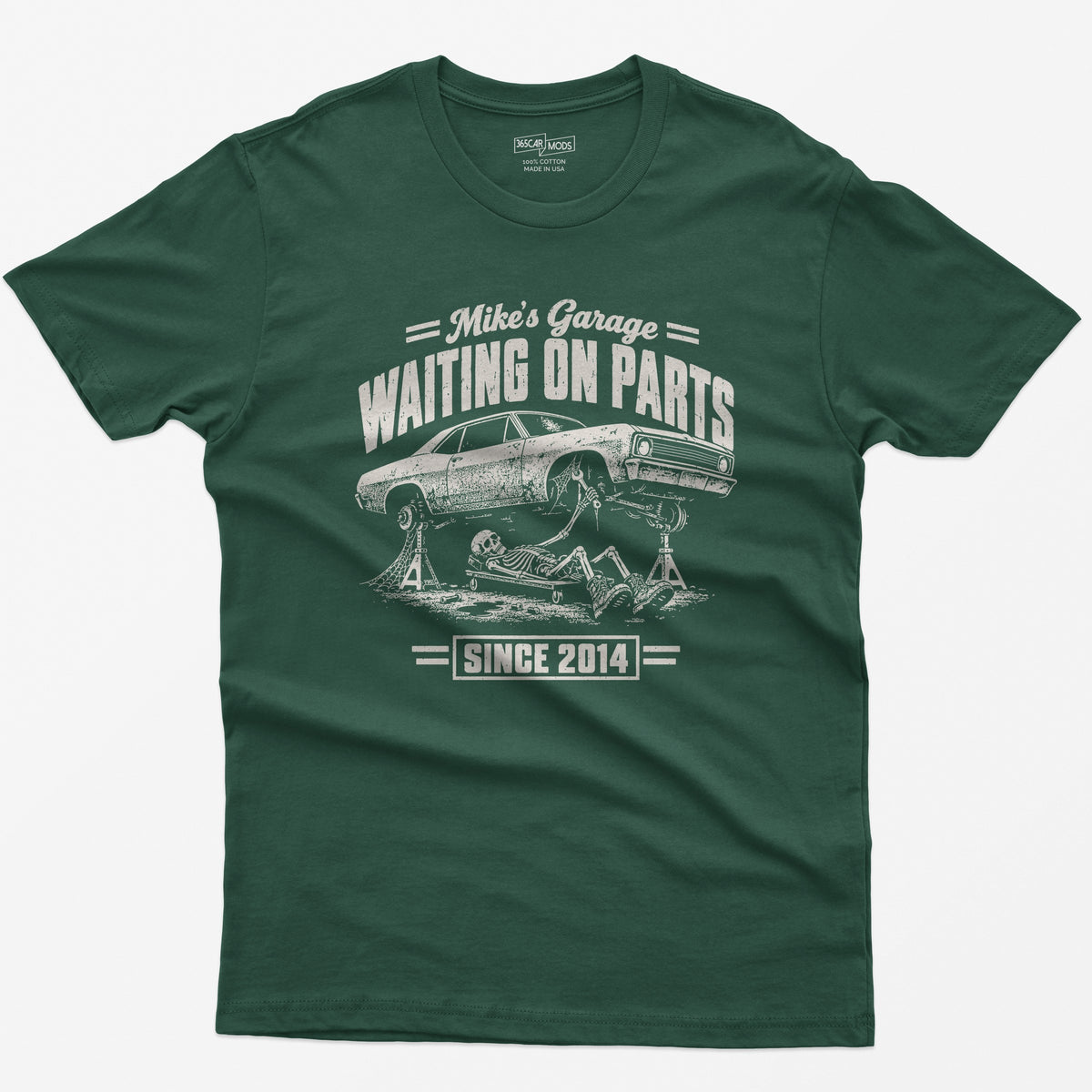 Forest Green t-shirt with the personalized Waiting on Parts garage design