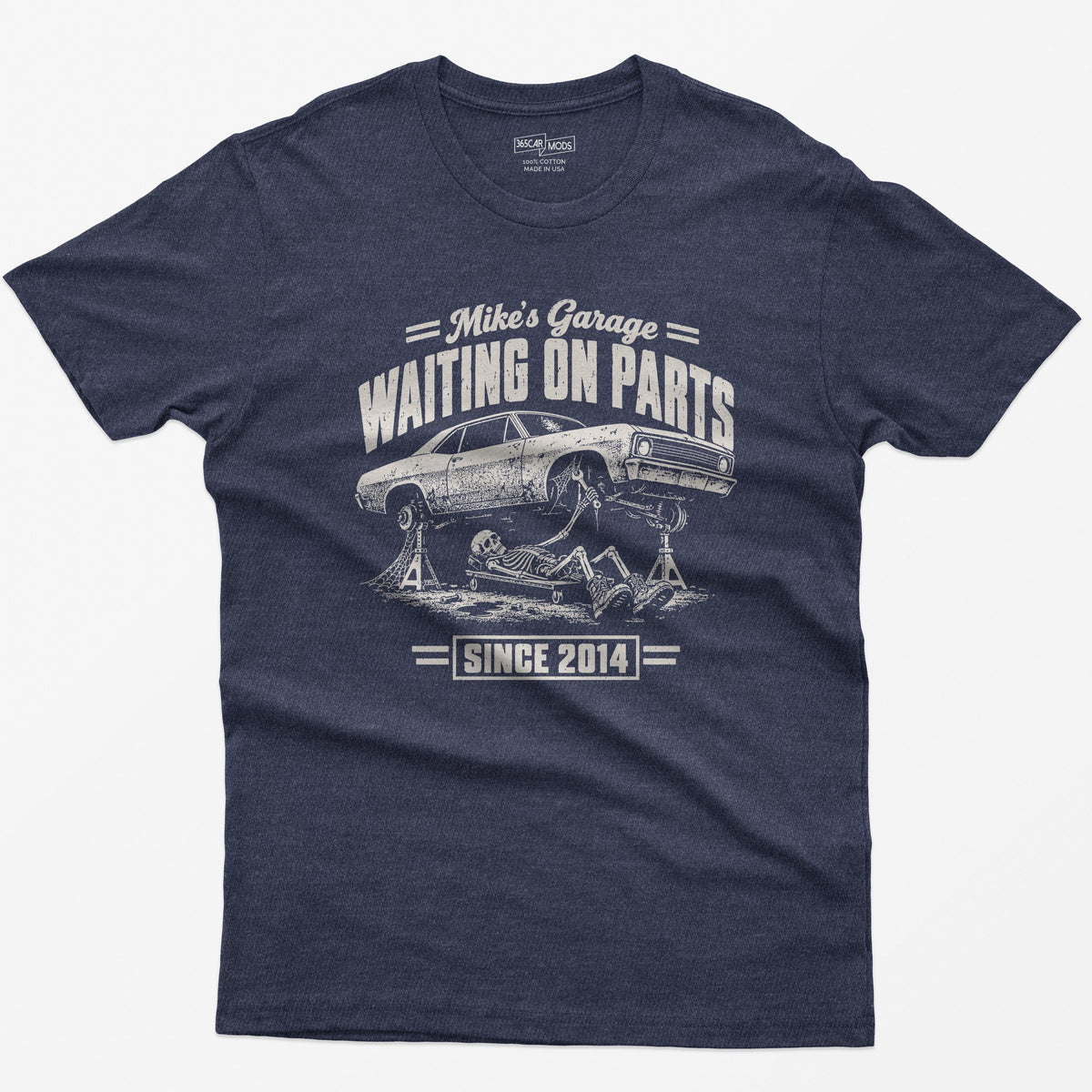 Heather Navy t-shirt with the personalized Waiting on Parts garage design