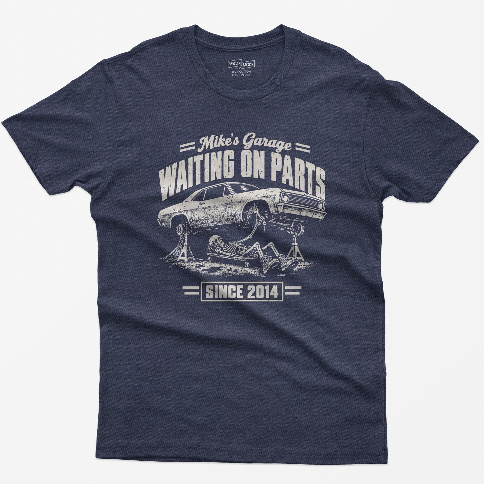 Heather Navy t-shirt with the personalized Waiting on Parts garage design