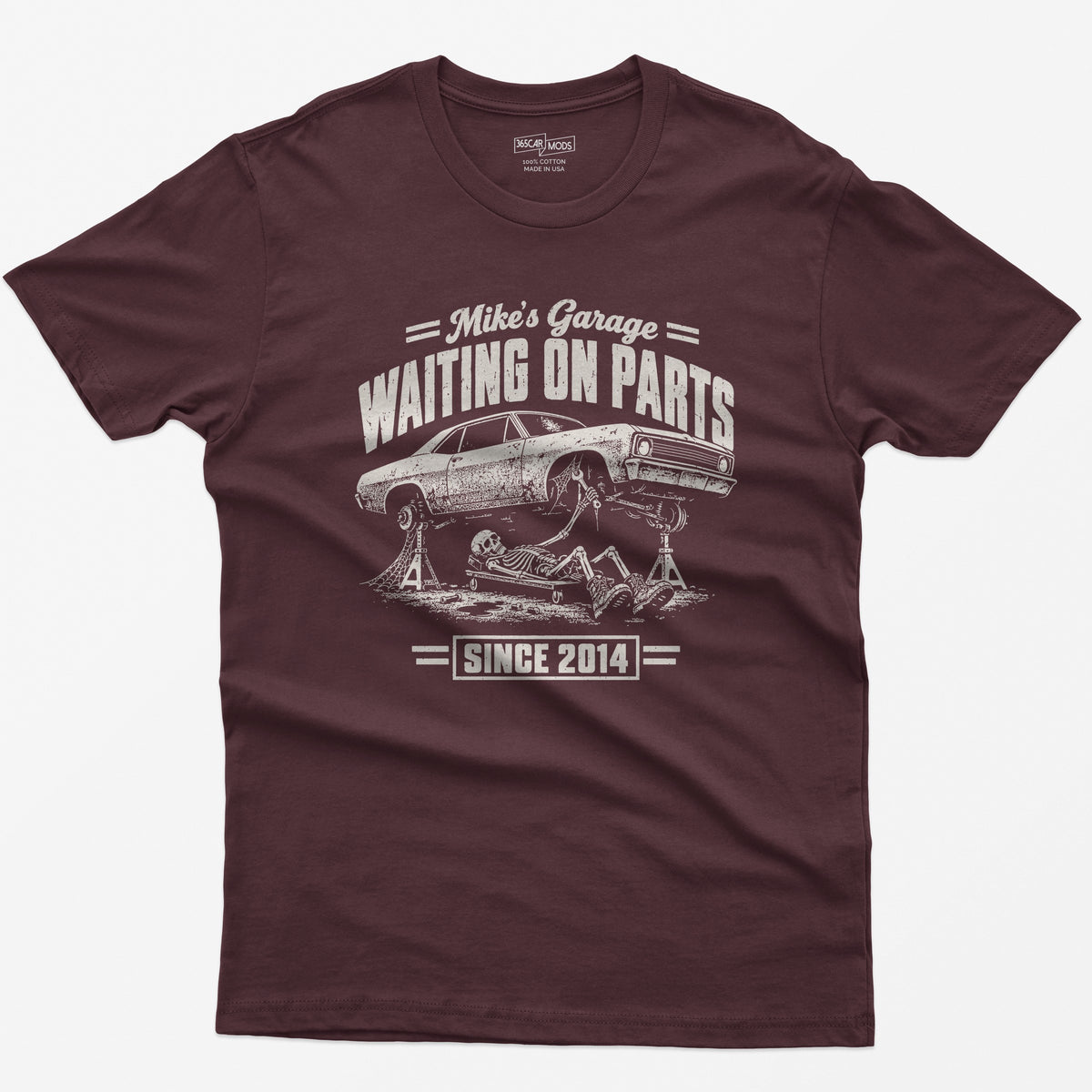Maroon t-shirt with the personalized Waiting on Parts garage design