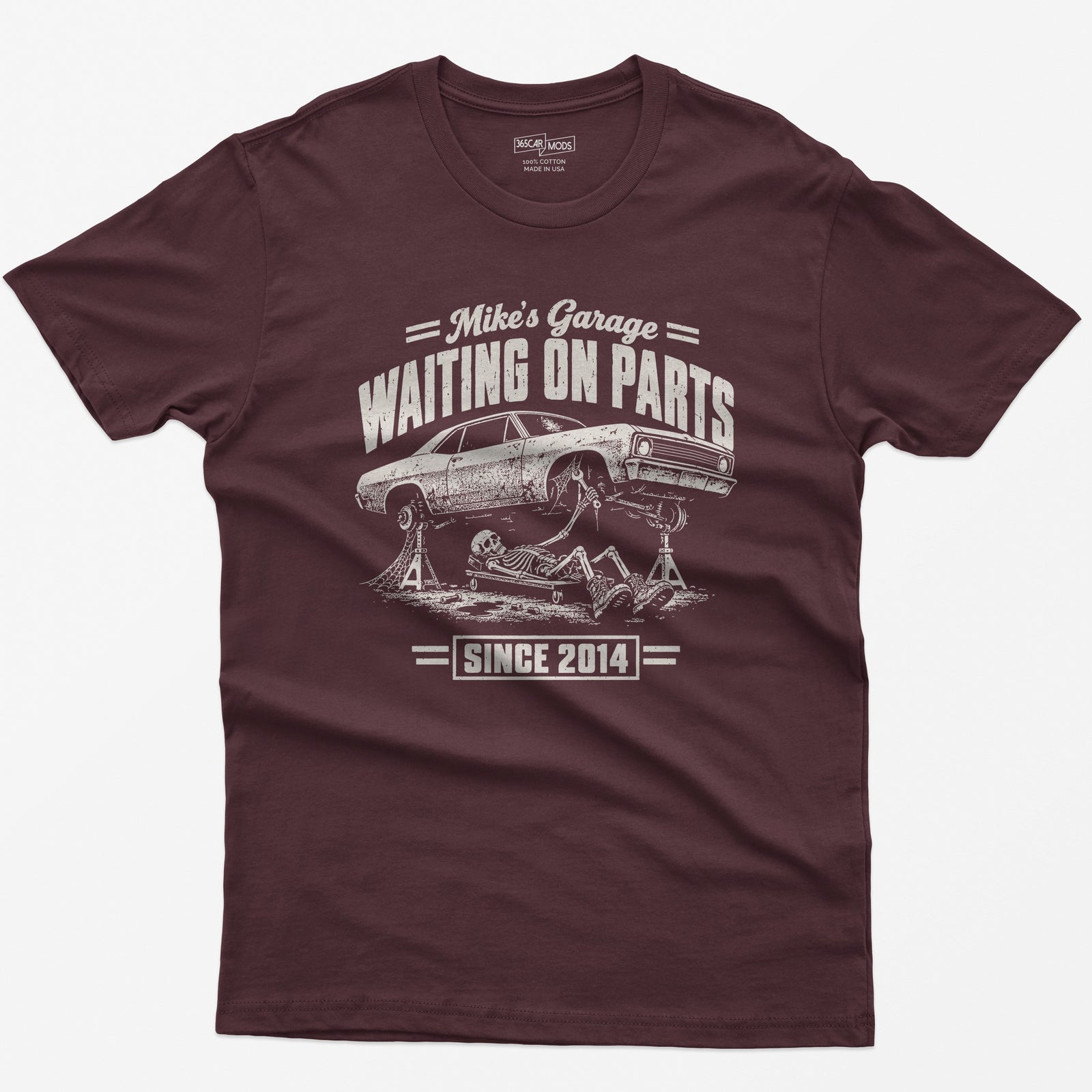 Maroon t-shirt with the personalized Waiting on Parts garage design