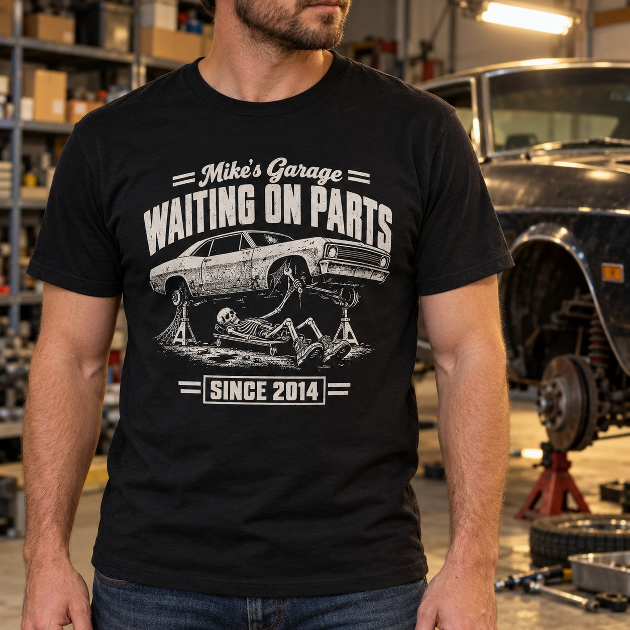 Waiting on Parts Personalized Garage T-Shirt - lifestyle photo in black