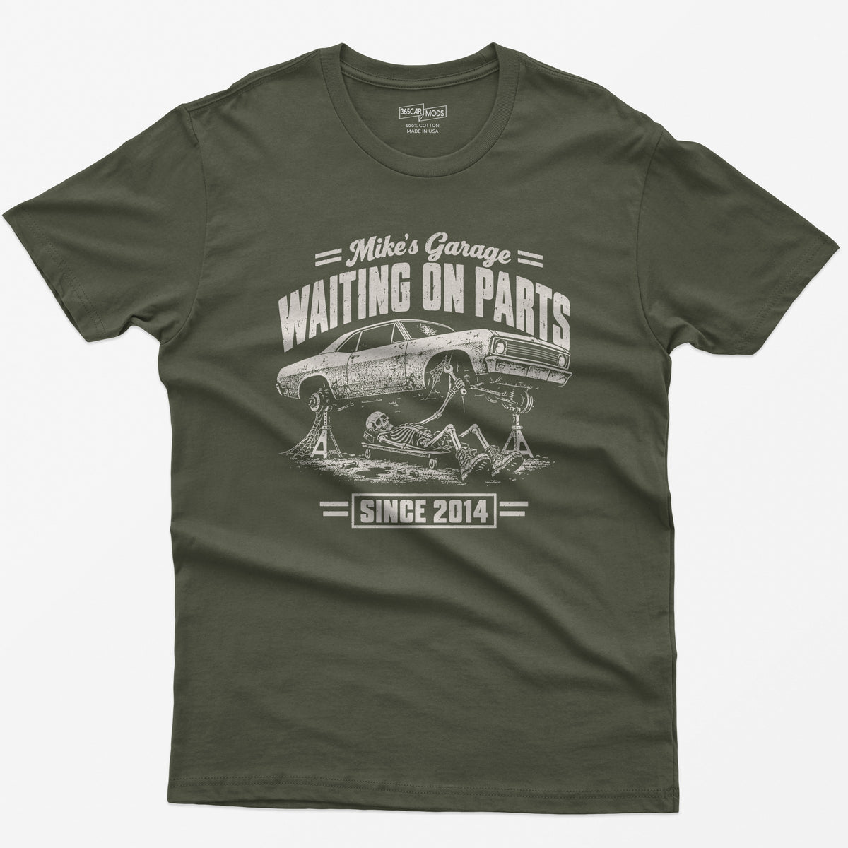 Military Green t-shirt with the personalized Waiting on Parts garage design