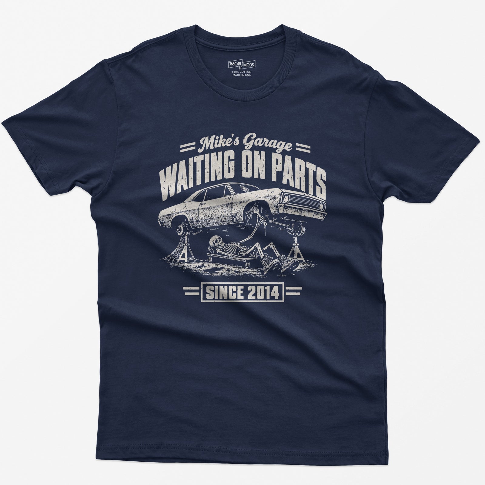 Navy t-shirt with the personalized Waiting on Parts garage design