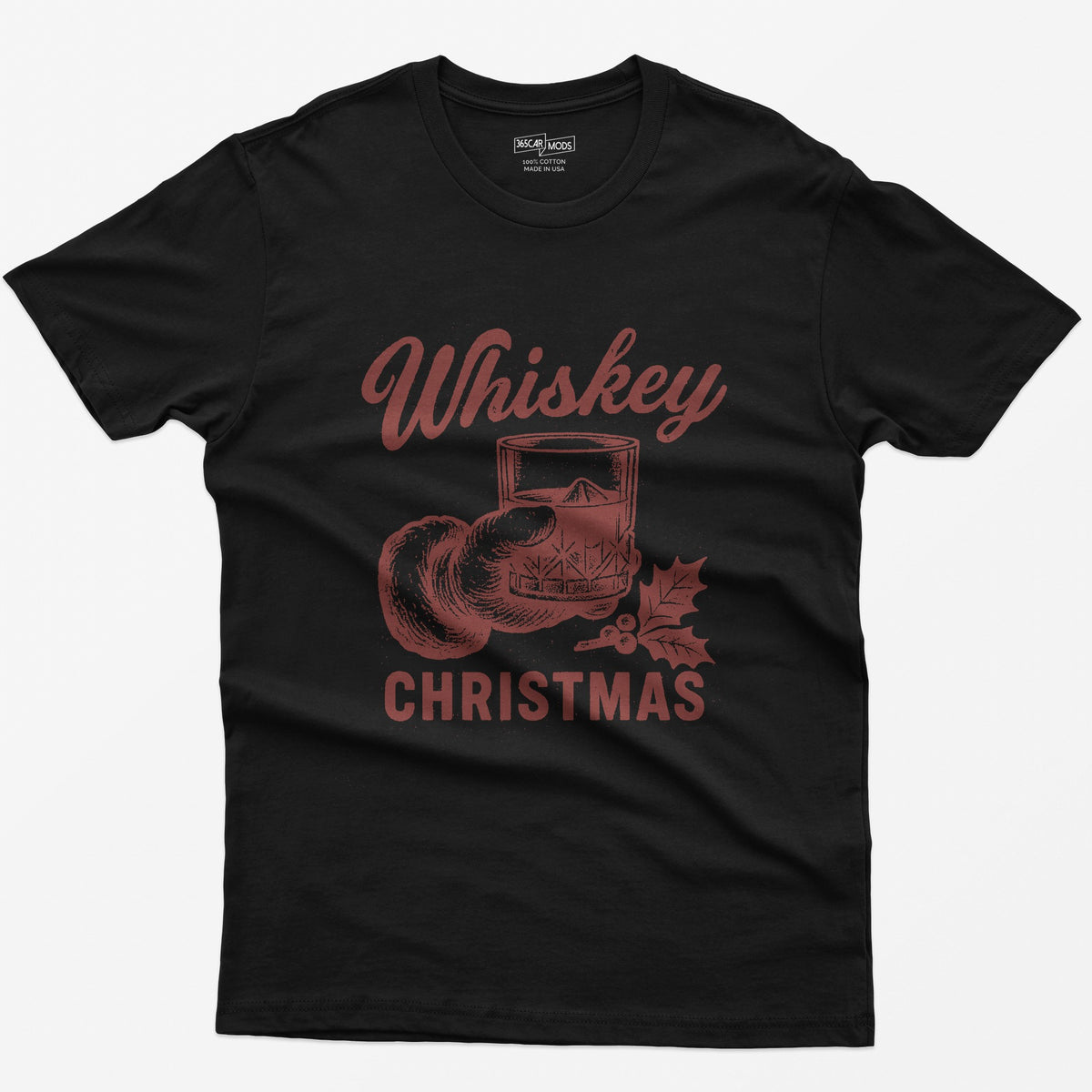 Black t-shirt with red vintage-style print of a Santa hand holding a whiskey rocks glass with holly, text Whiskey Christmas