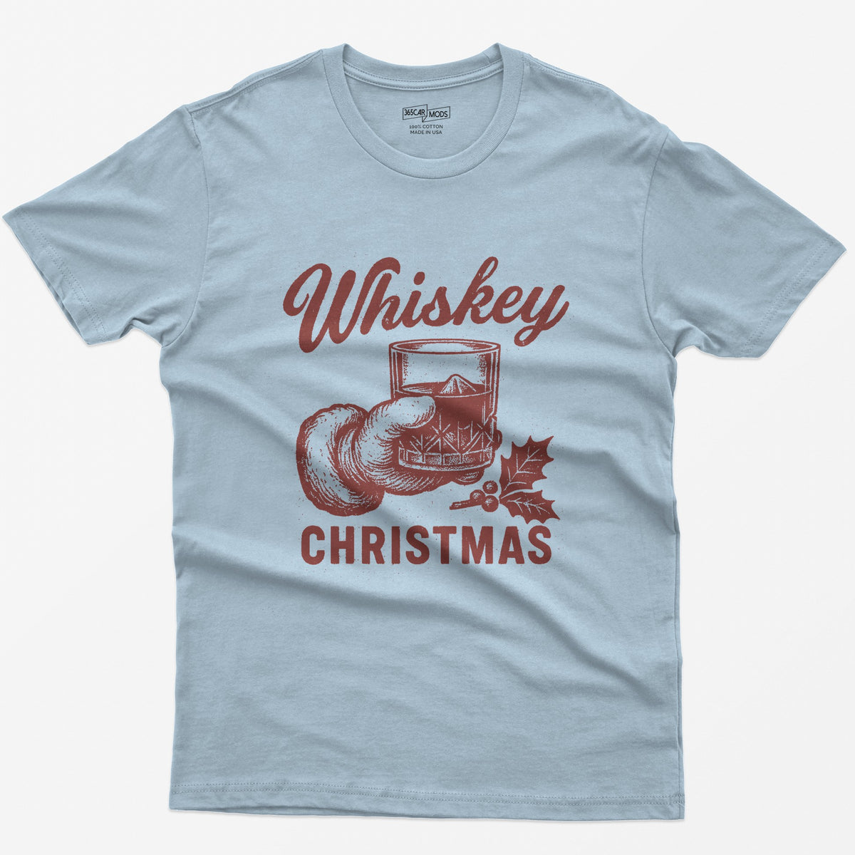 Light Blue t-shirt with red vintage-style print of a Santa hand holding a whiskey rocks glass with holly, text Whiskey Christmas