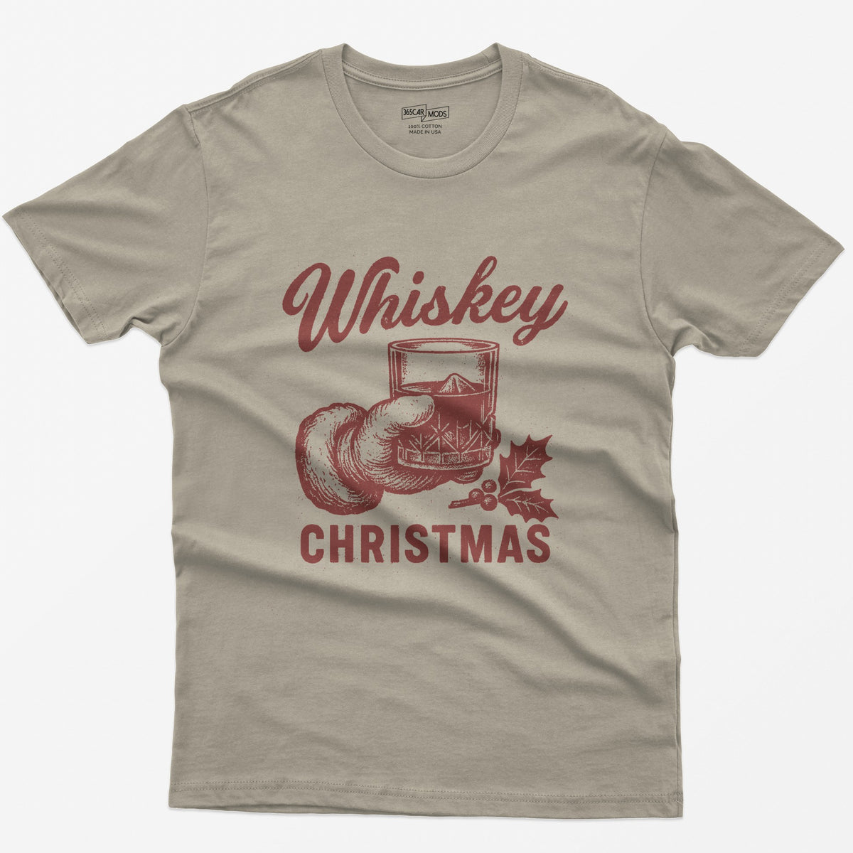 Sand t-shirt with red vintage-style print of a Santa hand holding a whiskey rocks glass with holly, text Whiskey Christmas