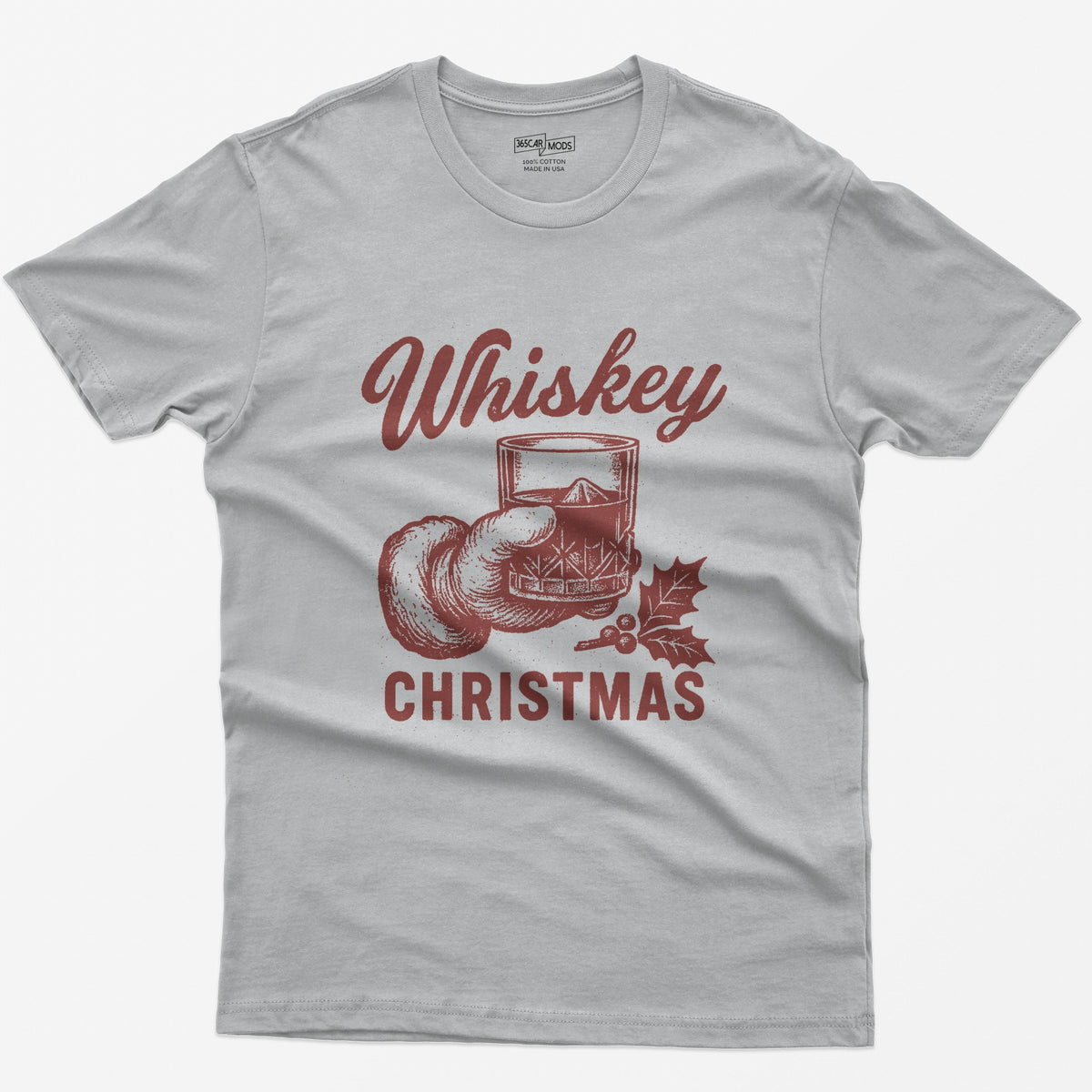 Sport Grey t-shirt with red vintage-style print of a Santa hand holding a whiskey rocks glass with holly, text Whiskey Christmas