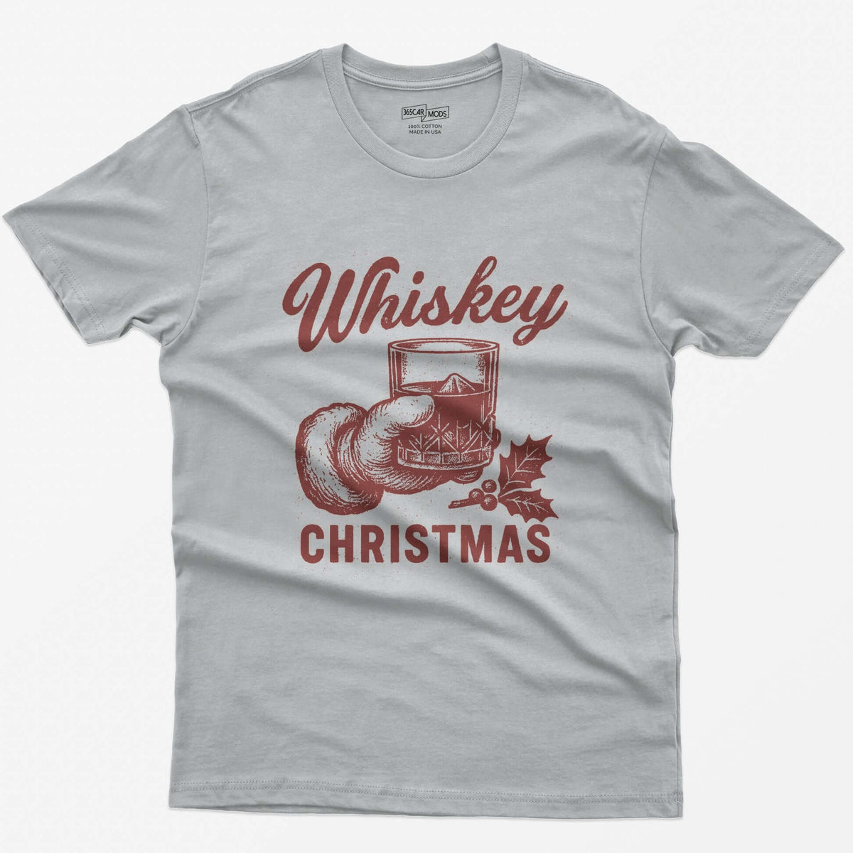 Sport Grey t-shirt with red vintage-style print of a Santa hand holding a whiskey rocks glass with holly, text Whiskey Christmas