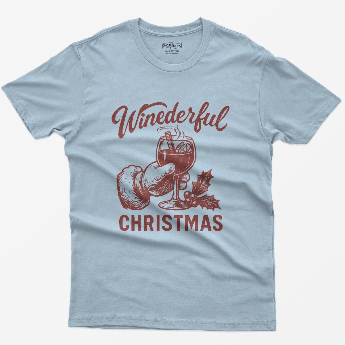 Light Blue t-shirt with red vintage print of Santa's hand holding a steaming mulled wine glass and Winederful Christmas text