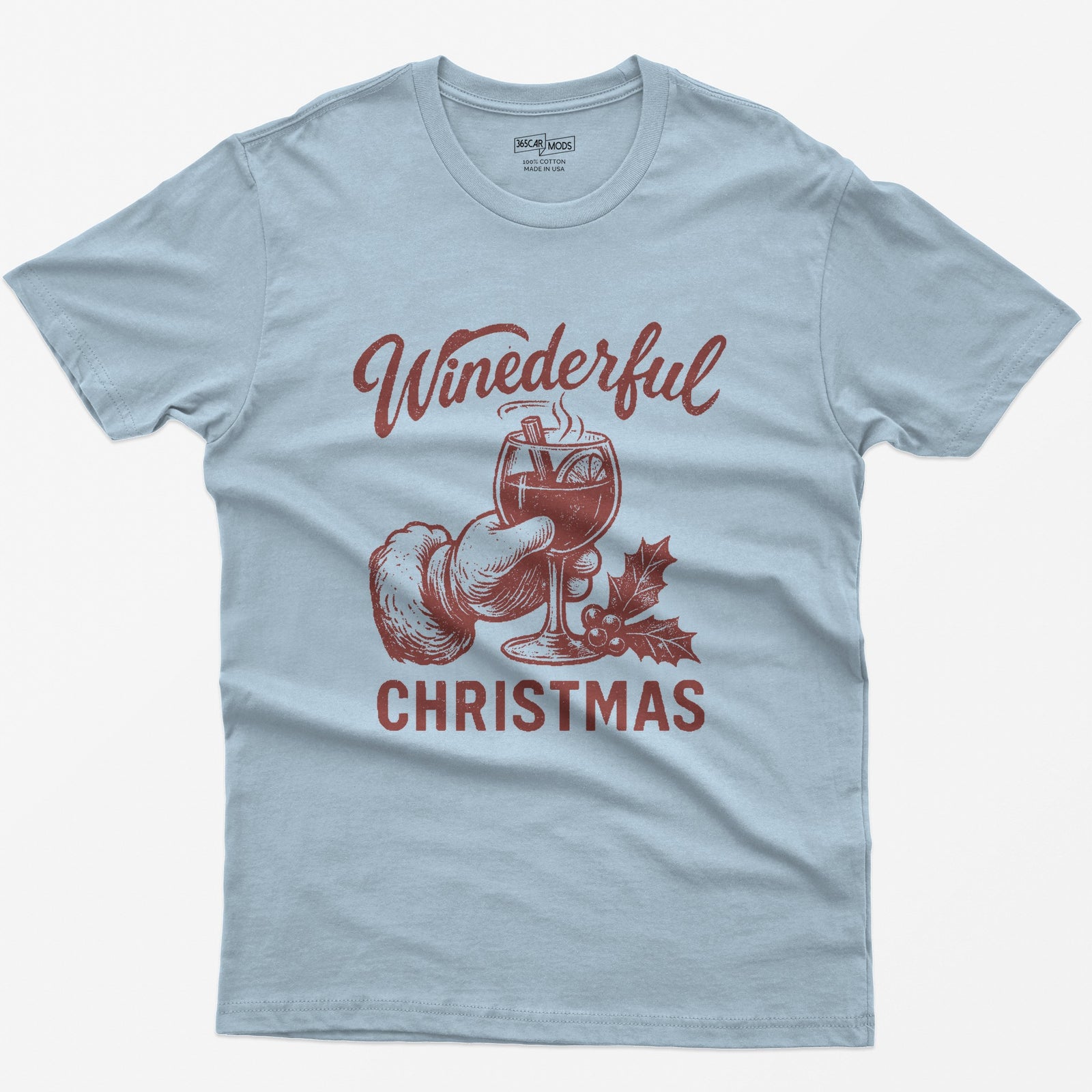Light Blue t-shirt with red vintage print of Santa's hand holding a steaming mulled wine glass and Winederful Christmas text