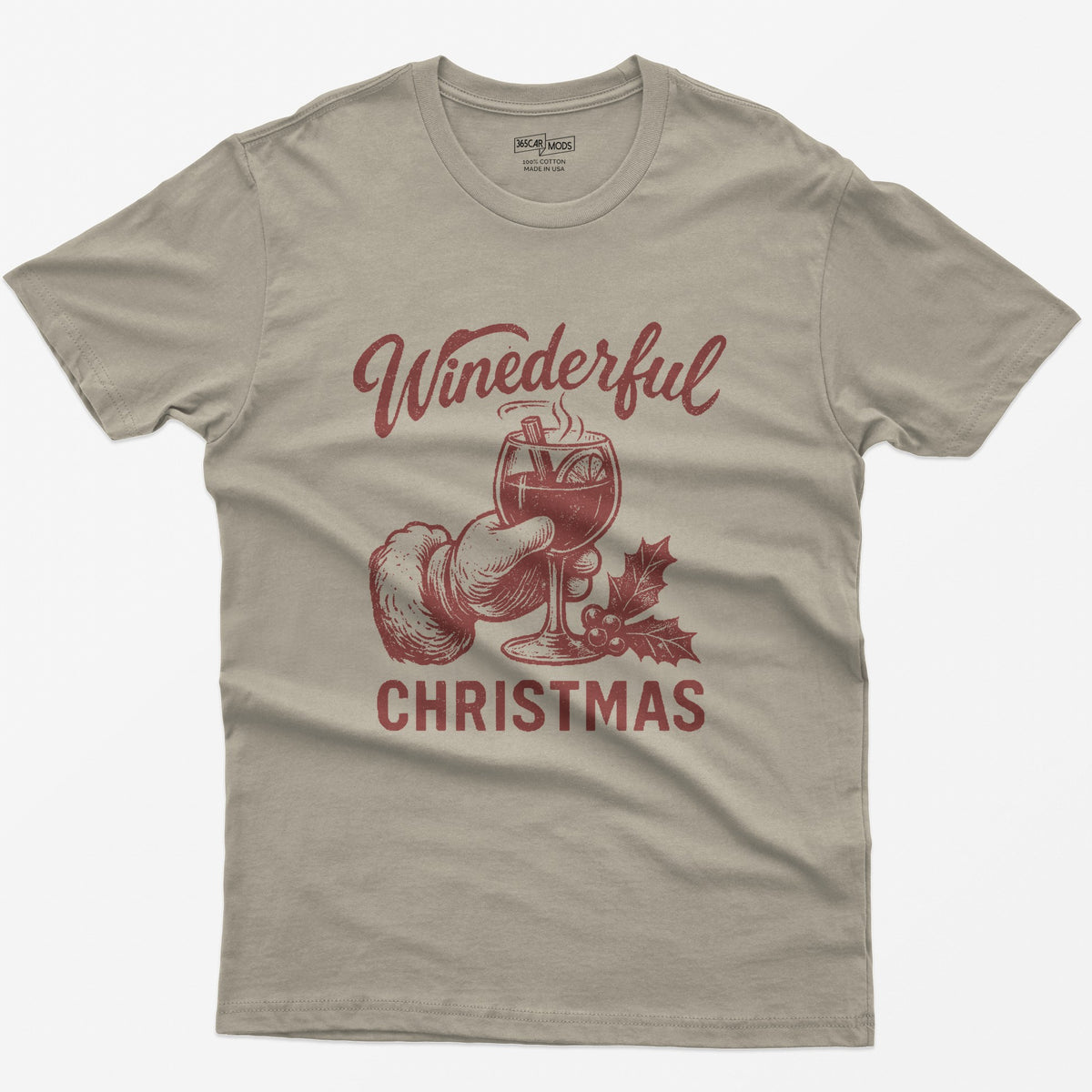 Sand t-shirt with red vintage print of Santa's hand holding a steaming mulled wine glass and Winederful Christmas text