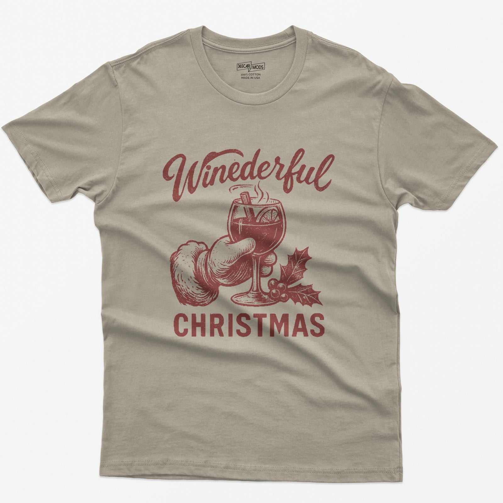 Sand t-shirt with red vintage print of Santa's hand holding a steaming mulled wine glass and Winederful Christmas text