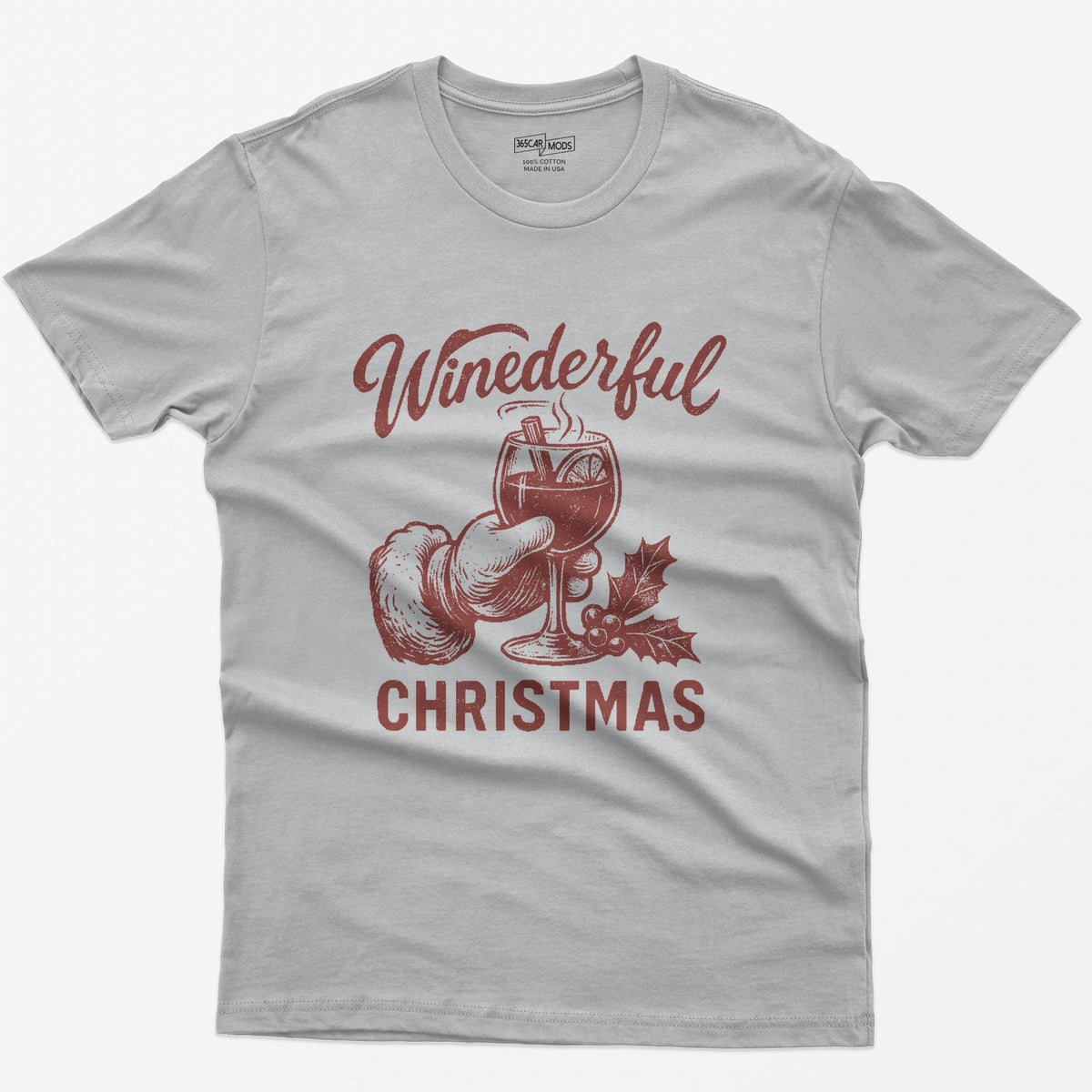 Sport Grey t-shirt with red vintage print of Santa's hand holding a steaming mulled wine glass and Winederful Christmas text