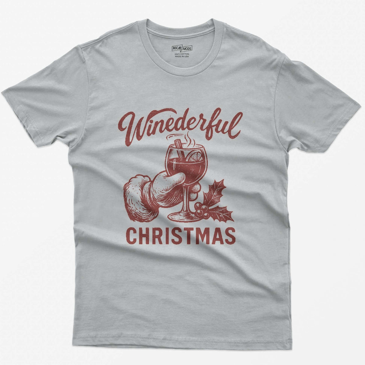 Sport Grey t-shirt with red vintage print of Santa's hand holding a steaming mulled wine glass and Winederful Christmas text