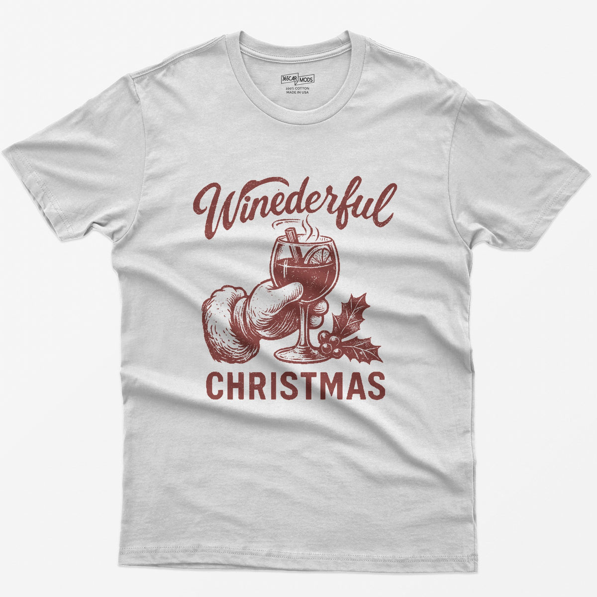 White t-shirt with red vintage print of Santa's hand holding a steaming mulled wine glass and Winederful Christmas text