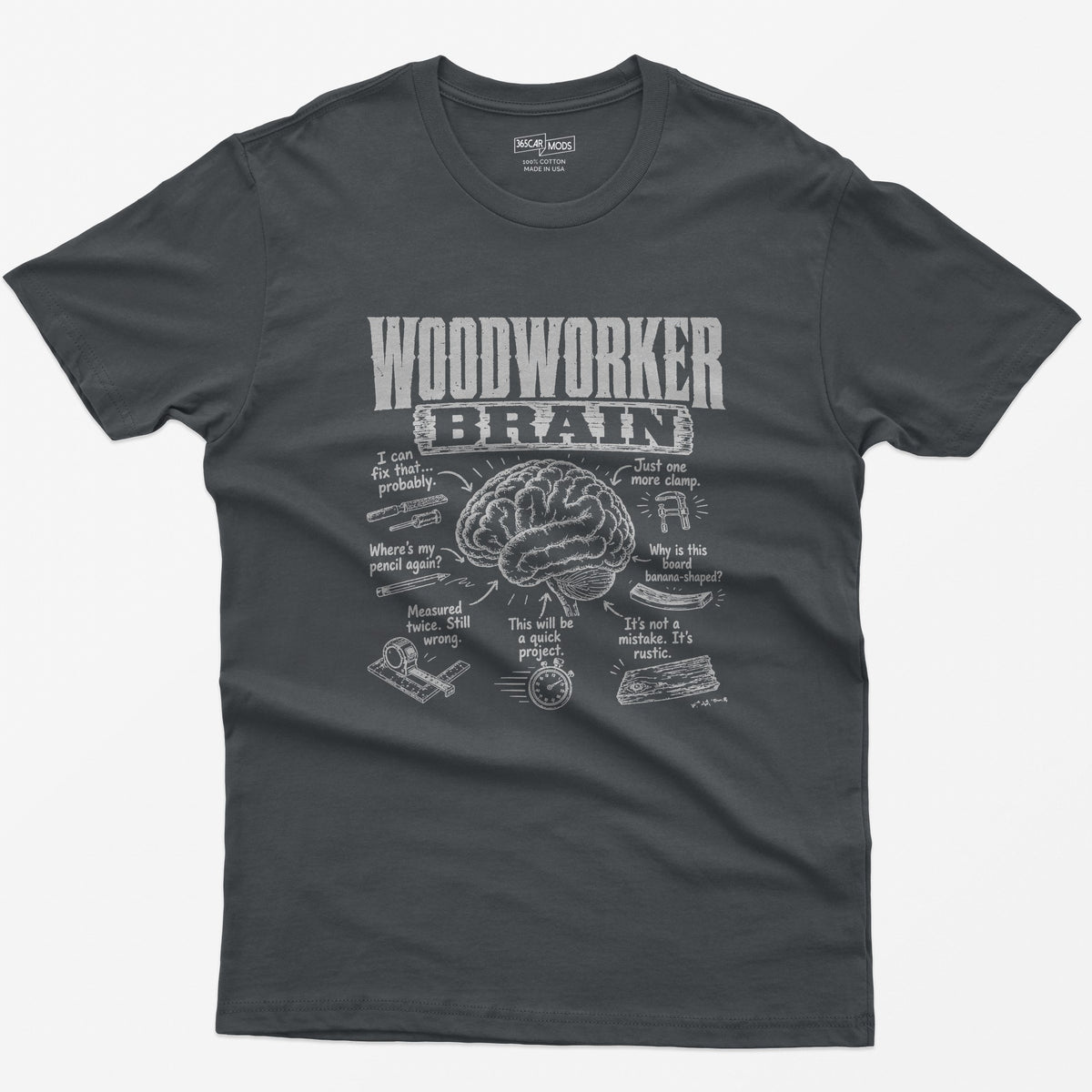 Charcoal t-shirt with Woodworker Brain print: an illustrated brain surrounded by seven woodworking thoughts and tool sketches