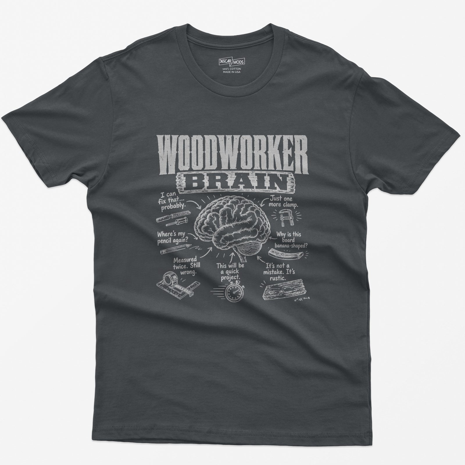 Charcoal t-shirt with Woodworker Brain print: an illustrated brain surrounded by seven woodworking thoughts and tool sketches