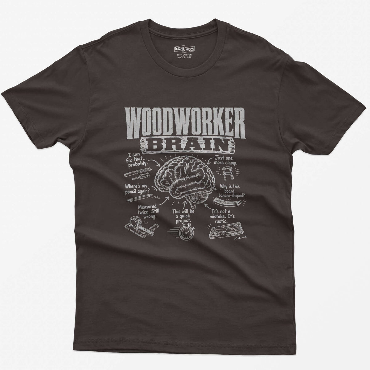 Dark Chocolate t-shirt with Woodworker Brain print: an illustrated brain surrounded by seven woodworking thoughts and tool sketches