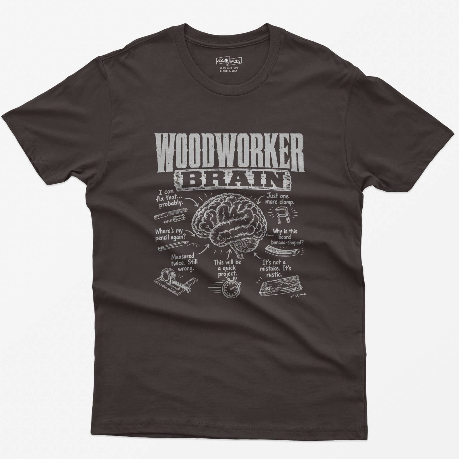 Dark Chocolate t-shirt with Woodworker Brain print: an illustrated brain surrounded by seven woodworking thoughts and tool sketches