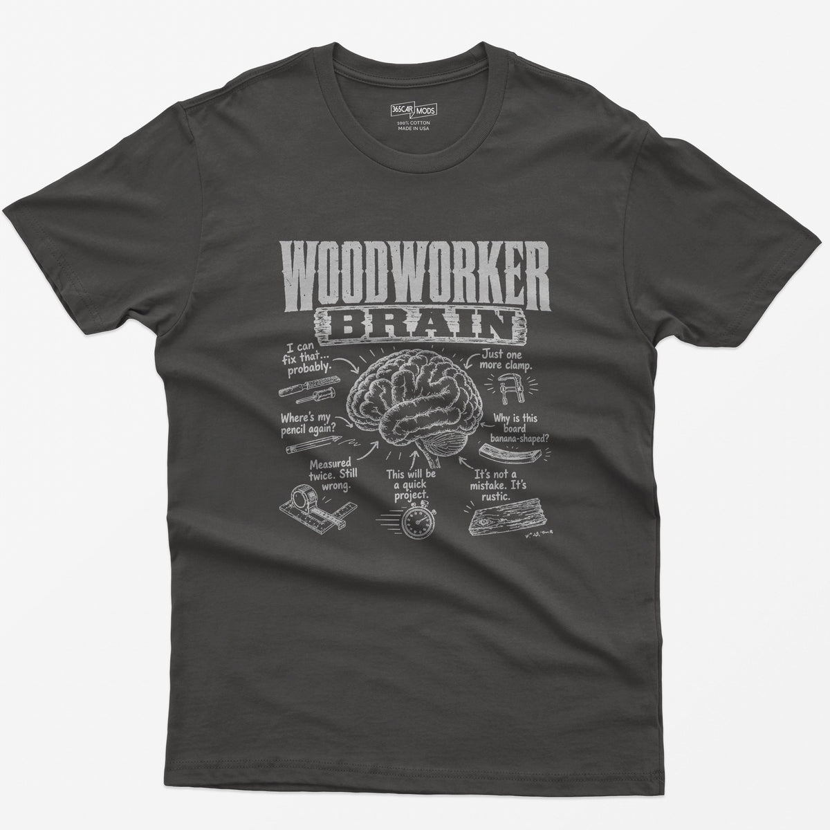 Dark Heather t-shirt with Woodworker Brain print: an illustrated brain surrounded by seven woodworking thoughts and tool sketches