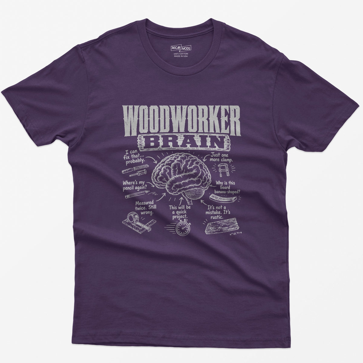 Purple t-shirt with Woodworker Brain print: an illustrated brain surrounded by seven woodworking thoughts and tool sketches
