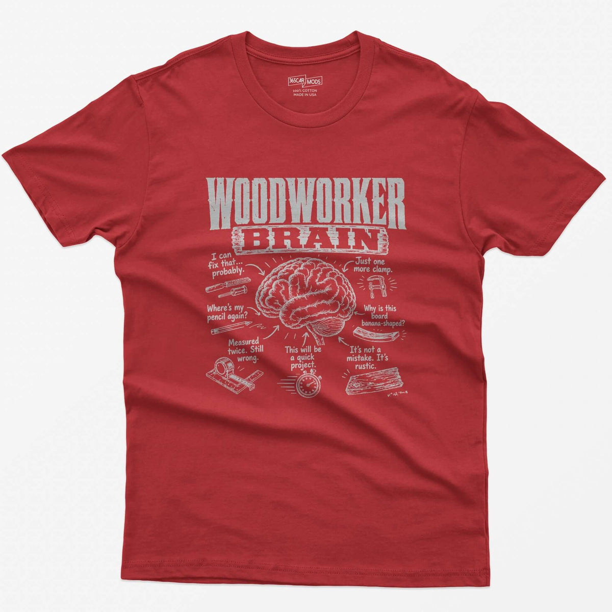 Red t-shirt with Woodworker Brain print: an illustrated brain surrounded by seven woodworking thoughts and tool sketches