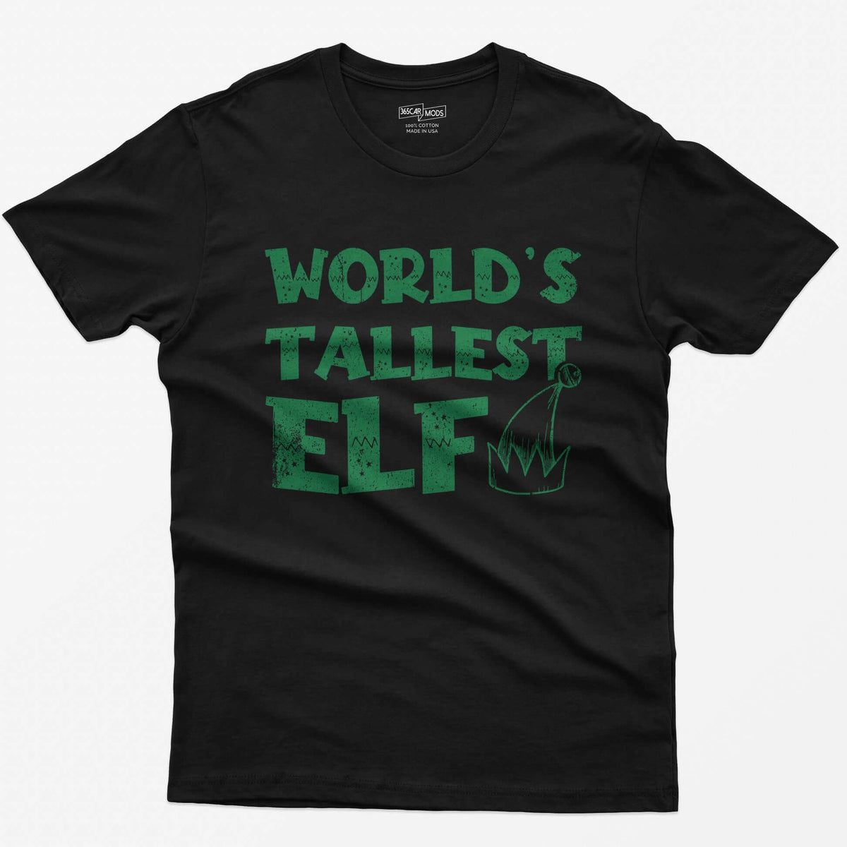 Black t-shirt with green distressed text World's Tallest Elf and a small elf hat with a bell