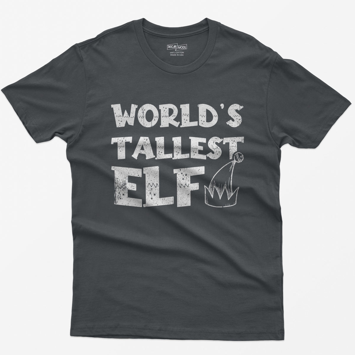 Charcoal t-shirt with green distressed text World's Tallest Elf and a small elf hat with a bell