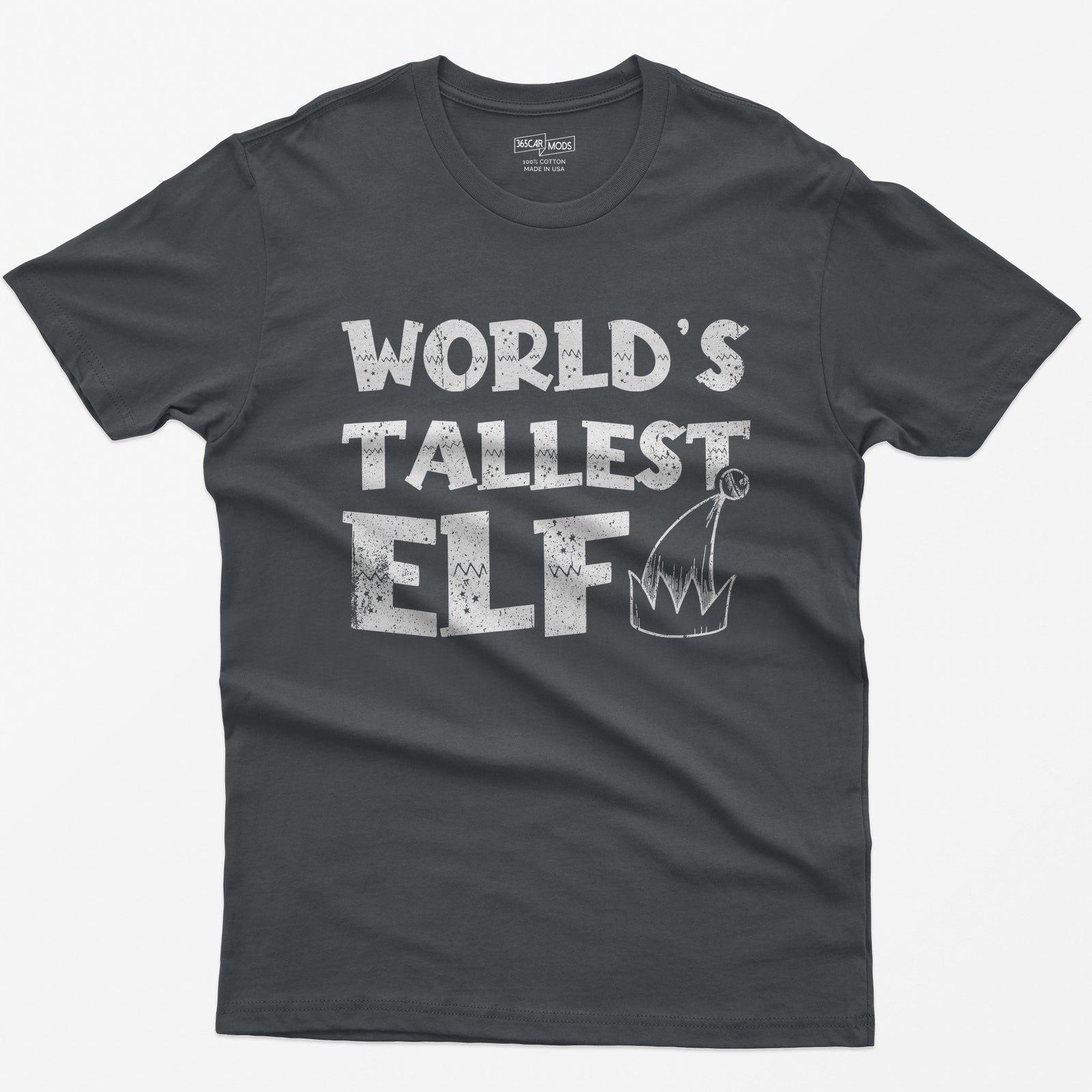 Charcoal t-shirt with green distressed text World's Tallest Elf and a small elf hat with a bell