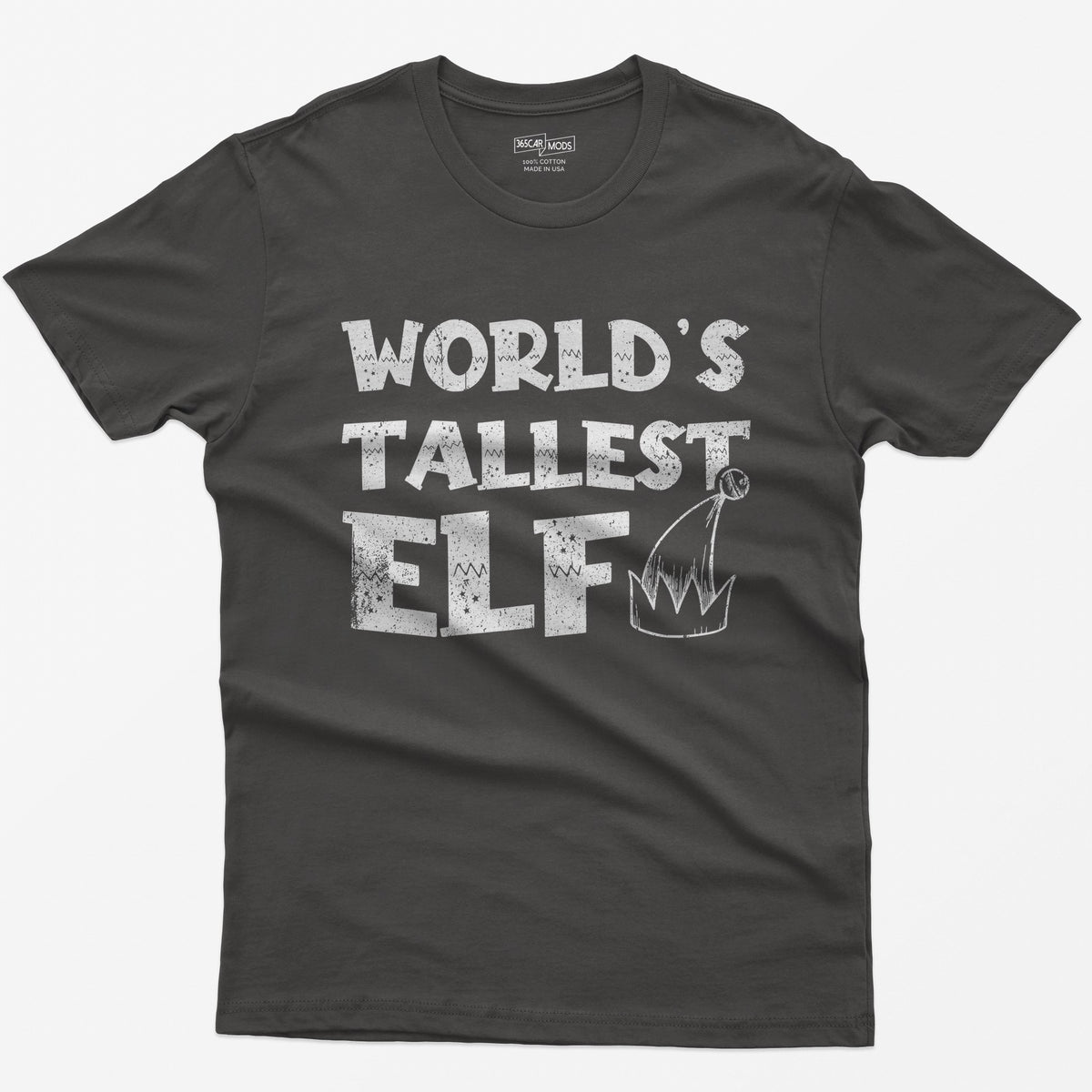 Dark Heather t-shirt with green distressed text World's Tallest Elf and a small elf hat with a bell